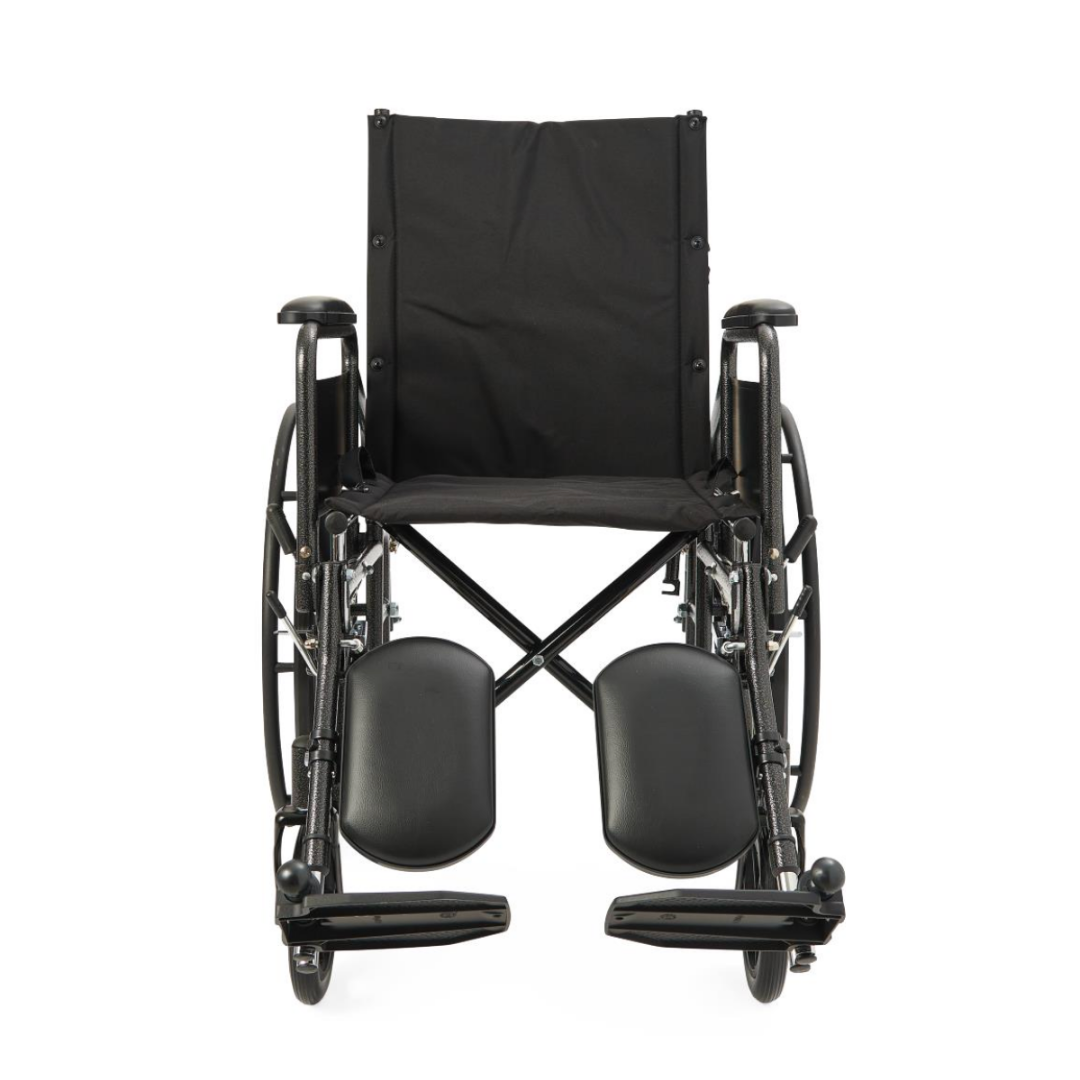 A Medline Guardian Reclining Wheelchair in black with durable vinyl upholstery, footrests, and armrests, shown from the front on a white background.