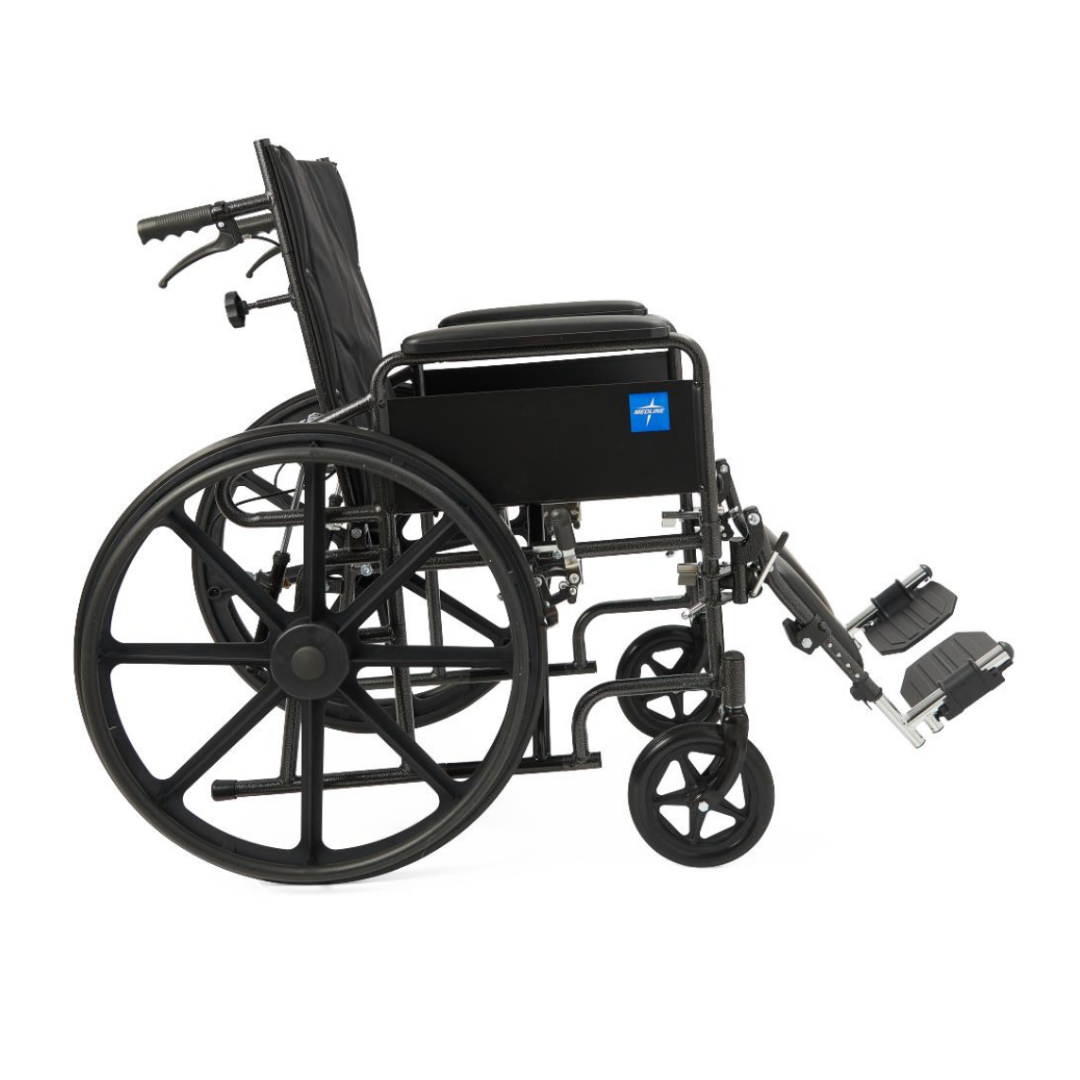 The Medline Guardian Reclining Wheelchair, shown from the side on a white background, features black durable vinyl upholstery, large rear wheels, small front wheels, footrests, and armrests.