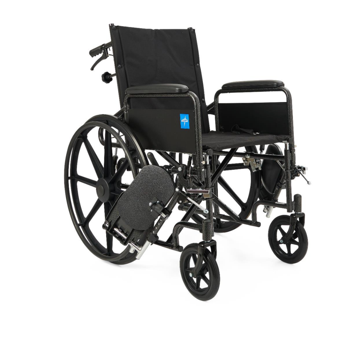 The image shows a Medline Guardian Reclining Wheelchair in black with durable vinyl upholstery, large rear wheels, small front casters, footrests, armrests, and a blue sticker with a white arrow on the side.