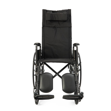 The Medline Guardian Reclining Wheelchair, shown from the front against a white background, features a black vinyl upholstery, high backrest with headrest, and elevating leg rests.