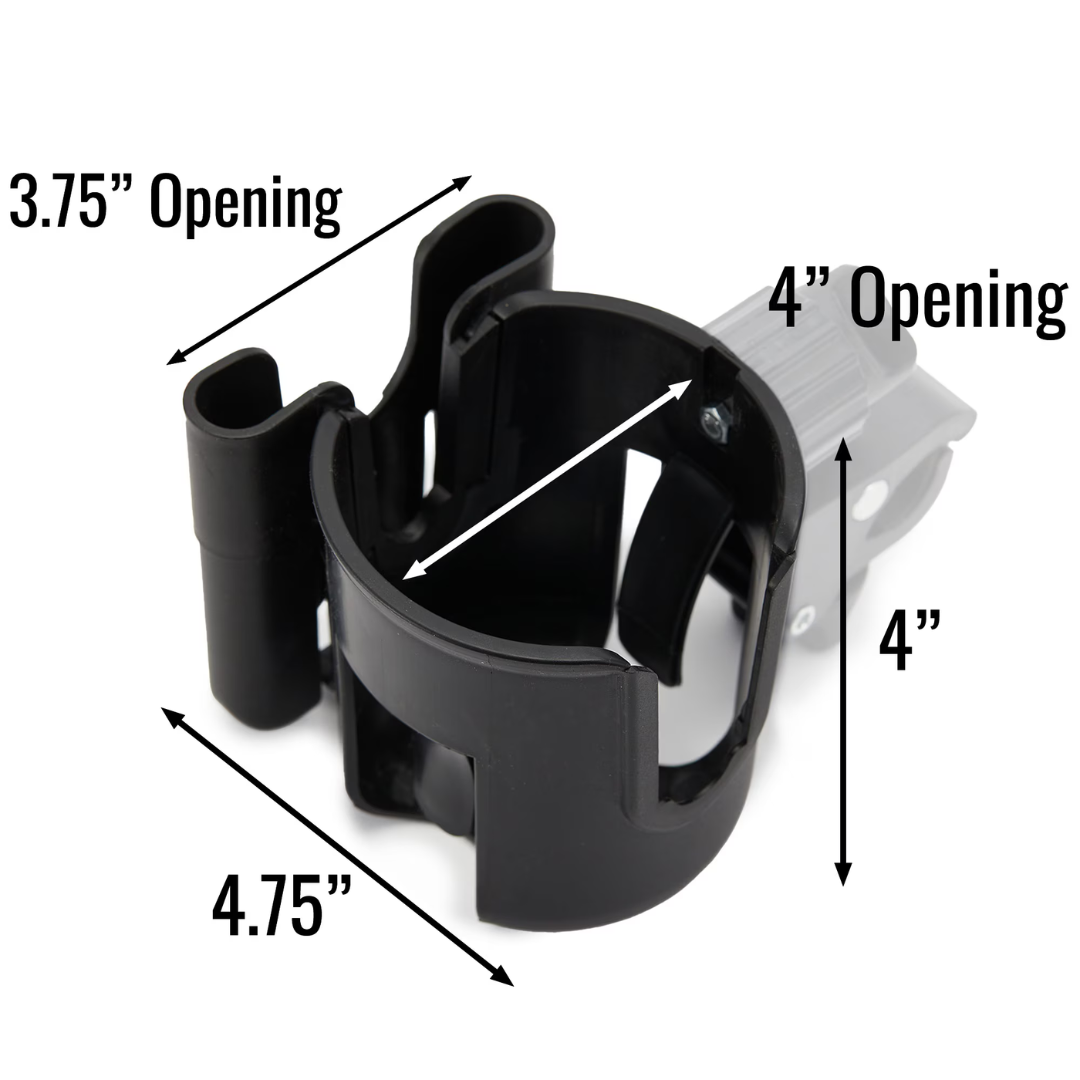 Habitat Universal Cup Holder Attachment with Phone Holder—black plastic, gray clip—fits strollers or wheelchairs. Labeled measurements: 3.75" and 4" openings, 4" height, 4.75" width.