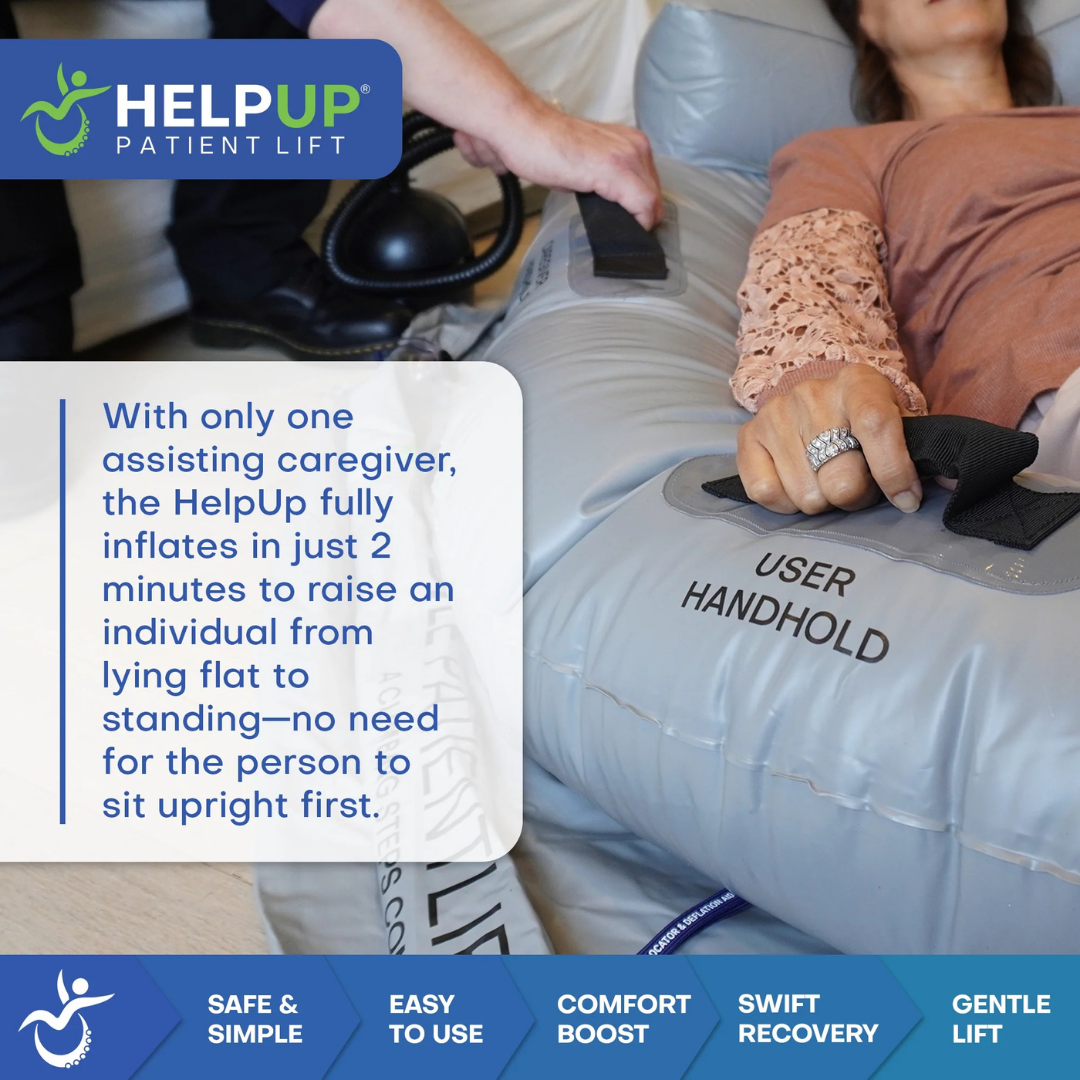 A caregiver assists a person on a HelpUp Fall Recovery Patient Lift with Airlift Technology, holding the USER HANDHOLD. Informational text in the image highlights benefits of this safe, portable floor lift assist device.