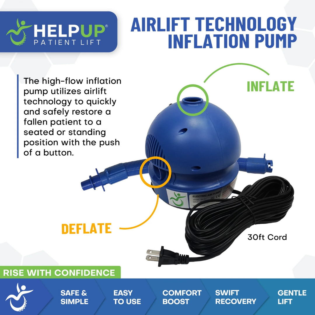 The HelpUp Fall Recovery Patient Lift is a blue, portable floor lift with airlift technology, inflate/deflate nozzles, and a 30ft cord. Designed for patient lift and fall assistance at the push of a button. Features and benefits are listed below.