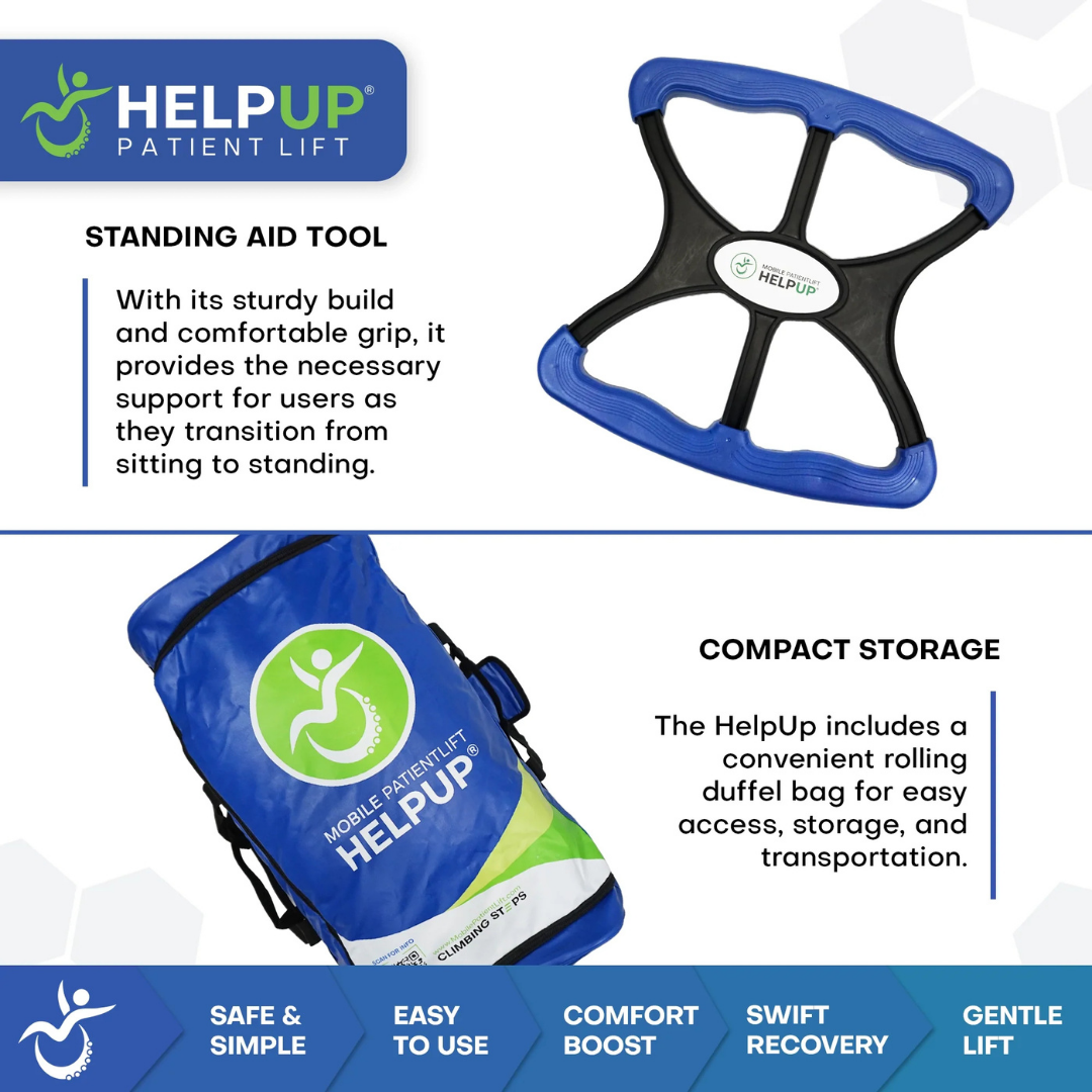 The HelpUp Fall Recovery Patient Lift is a safe, portable floor lift assist device with a sturdy black and blue handle, shown beside its blue rolling duffel bag for storage. Airlift Technology ensures safety, comfort, and ease of patient lifts.