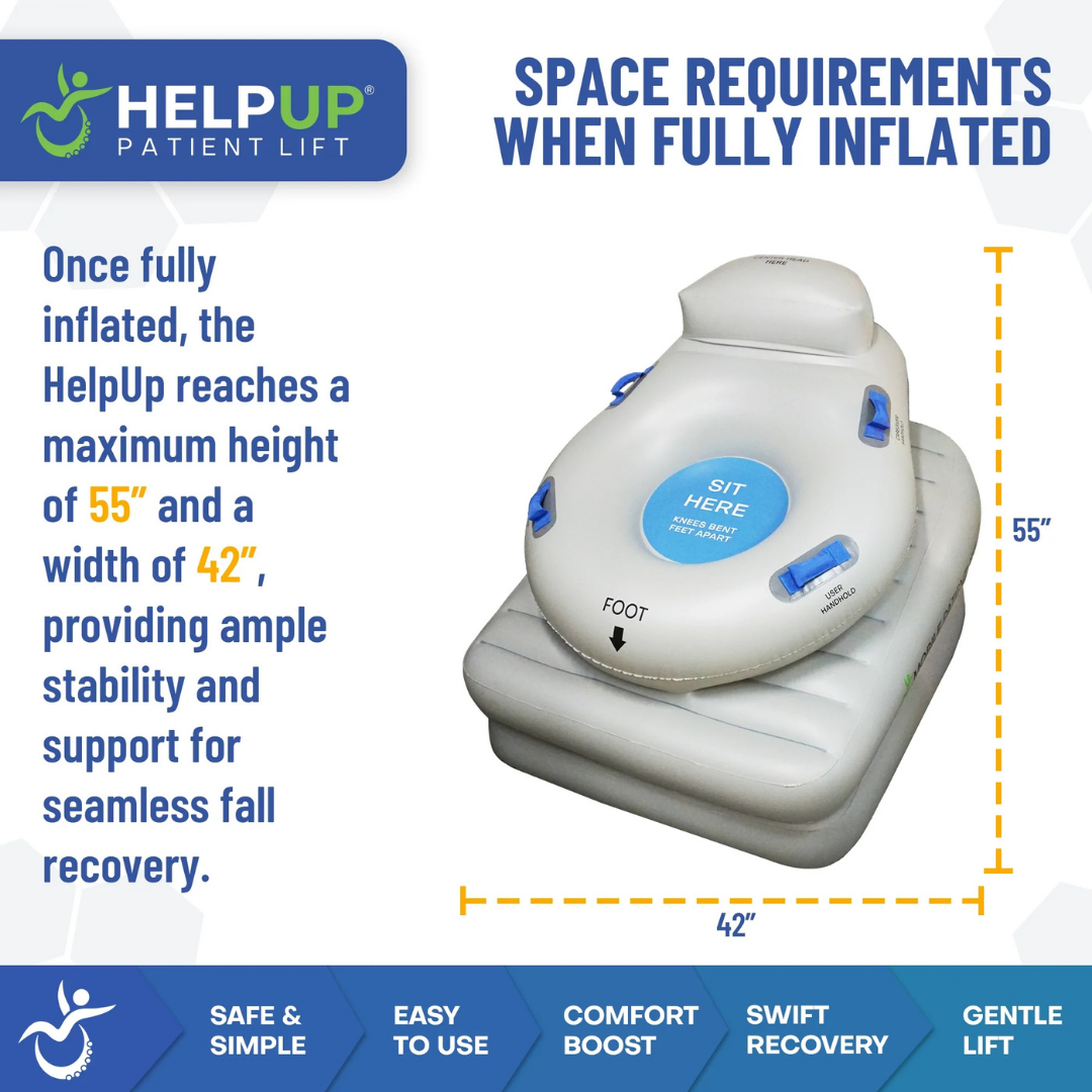 The HelpUp Fall Recovery Patient Lift is a safe, portable floor lift assist device with Airlift Technology on a rectangular base, measuring 55 high by 42 wide, providing stability and reliable fall recovery assistance.
