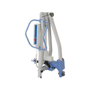 The Joerns Hoyer Advance Professional Electric Patient Lift features a white and blue frame, control box, support arms, and a tapered leg design for safe lifting and transfer of individuals with limited mobility.
