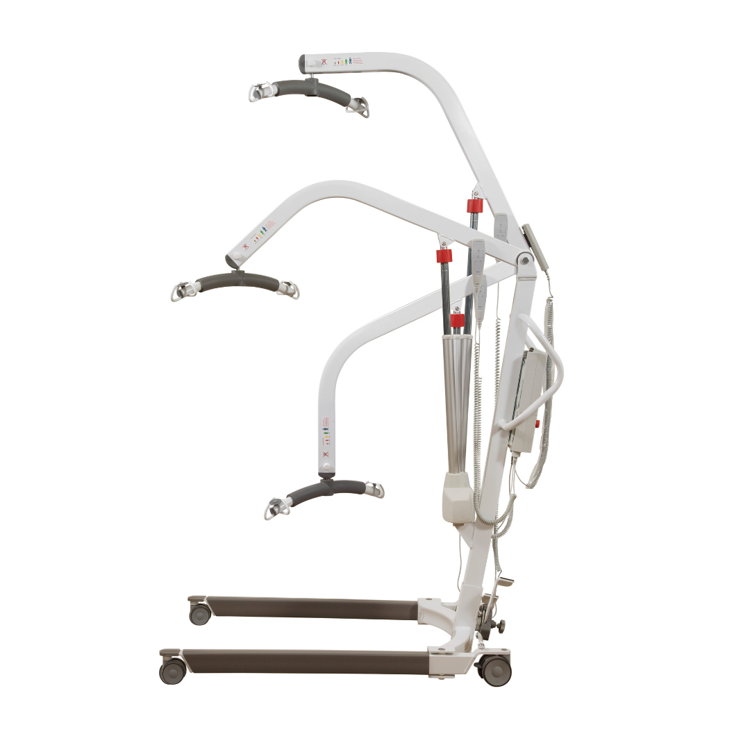 The Joerns Hoyer Advance Professional Electric Patient Lift, in white and gray, features an ergonomic push handle and three-position adjustable arms for safe transferring of individuals with mobility challenges.