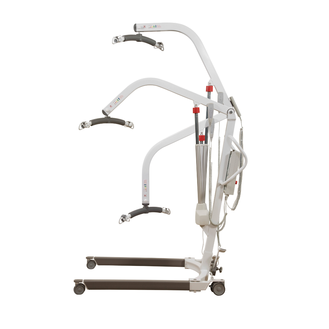 The Joerns Hoyer Journey® Sit-To-Stand Folding Electric Patient Lift in white and gray with red accents is shown in three positions, highlighting its adjustable sling cradle, wheels, control panel, and padded handles for caregiver efficiency.