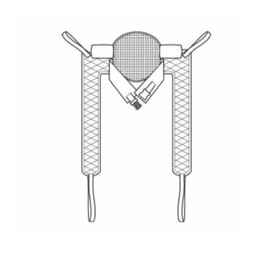 Line drawing of Hoyer® Padded Access Loop Style Toileting Slings, featuring mesh material with a rounded top section, two elongated mesh strips extending downward, and fixation tabs on each side.