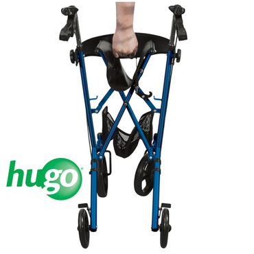 A blue Drive Hugo Sidekick Side-Folding Rollator is shown folded, carried by hand gripping its seat, with wheels close together and the Hugo logo in the lower left corner.