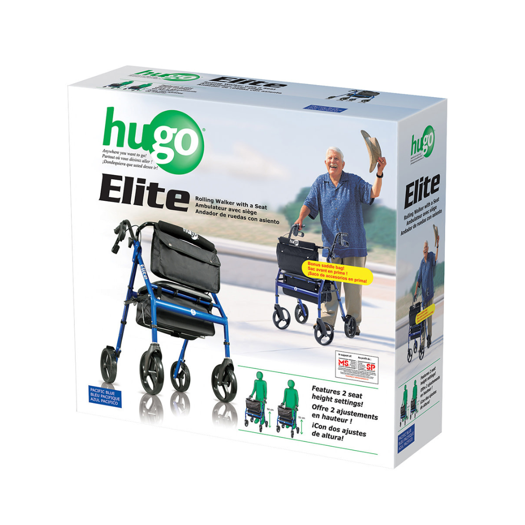 Box for the Drive Hugo Elite Rolling Walker with a Seat, featuring an image of a smiling man using the walker outdoors. The box highlights key features and shows the blue Drive Hugo Elite Rolling Walker.