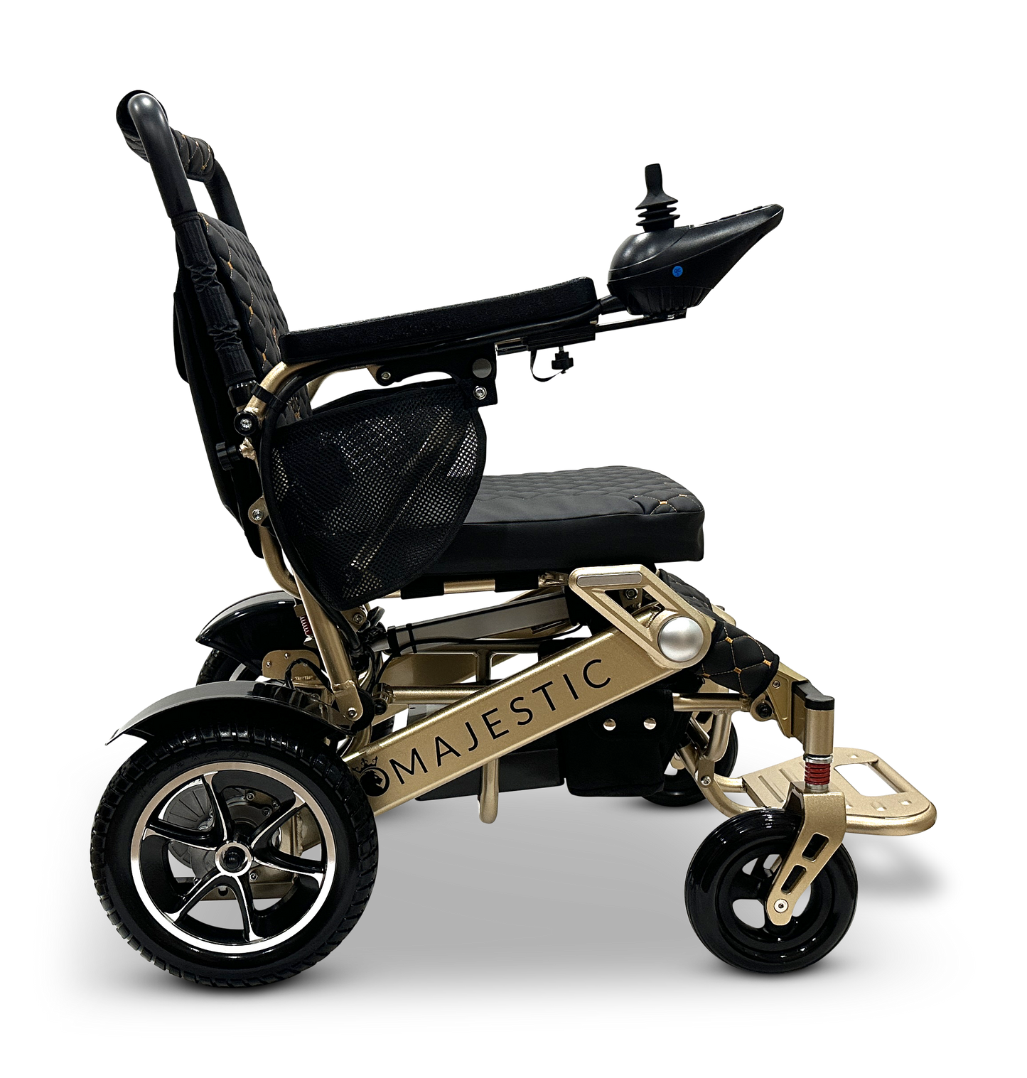 Side view of the sleek black and gold lightweight MAJESTIC IQ-7000 Remote Controlled Electric Wheelchair, bearing the Majestic brand on its frame. It features a padded seat, armrests, backrest, and an adjustable joystick controller. This model also includes large rear wheels and smaller front wheels for easy maneuverability.