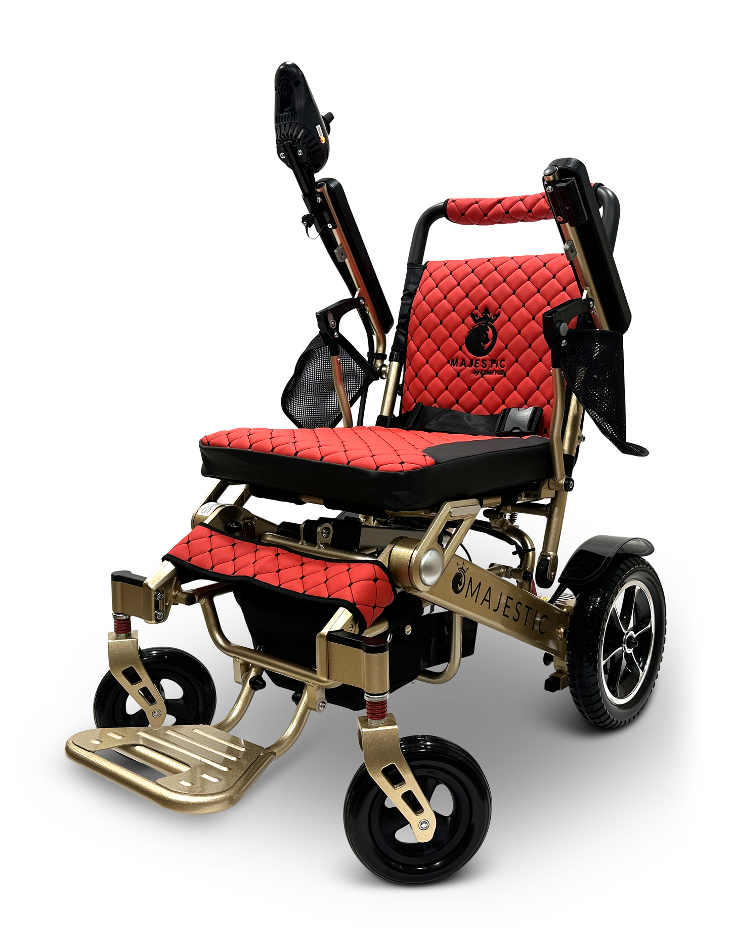 The MAJESTIC IQ-7000 is a luxury auto-folding electric wheelchair with a gold frame, red quilted cushioning, black accents, a footrest, and rugged wheels. It features a 360-degree joystick for superior control, offering stylish and comfortable mobility.
