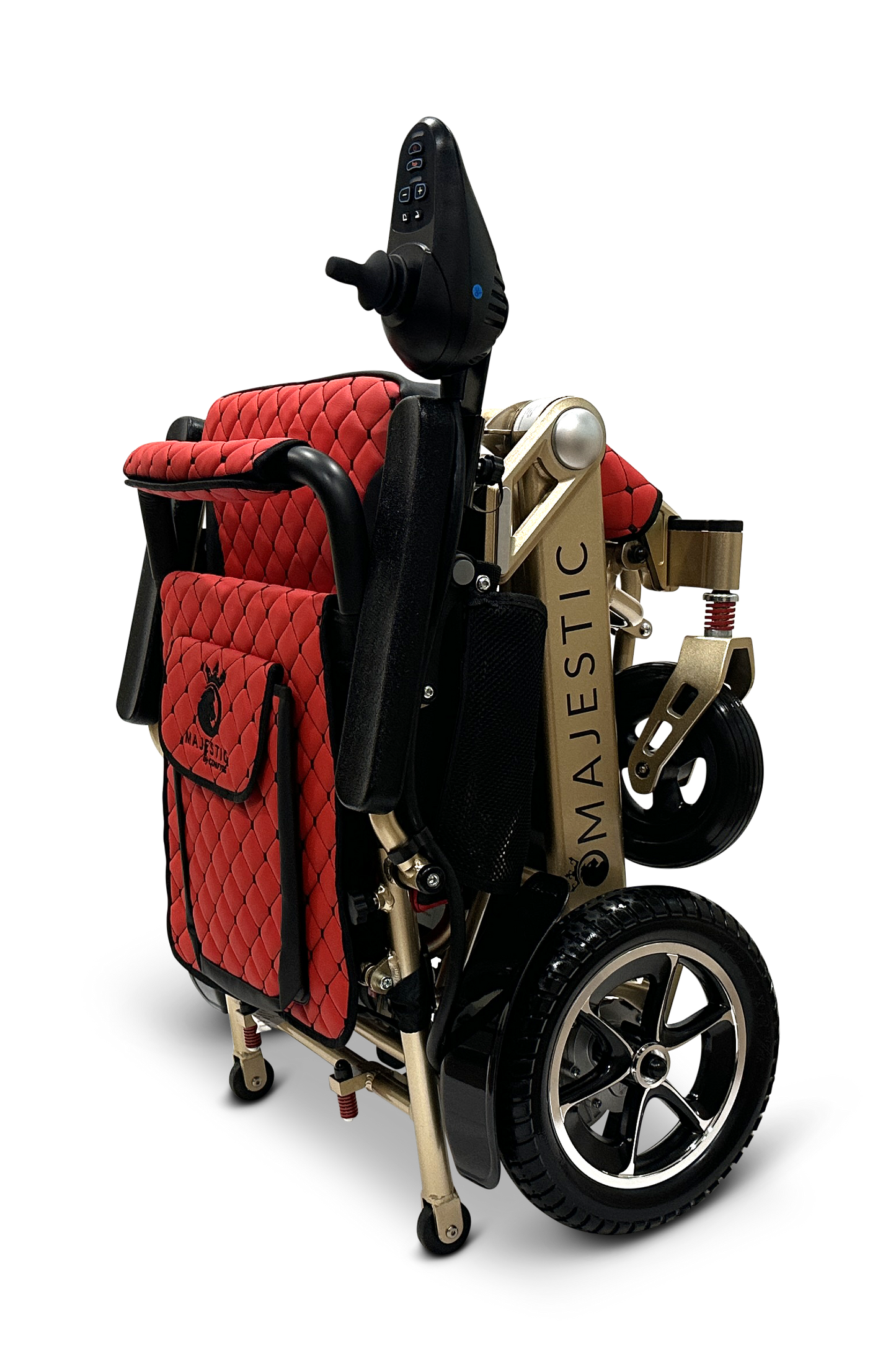 The red and black MAJESTIC IQ-7000 Electric Wheelchair features a quilted seat and backrest, gold frame, remote-controlled auto-folding, 360-degree joystick on the armrest, and small wheels for easy maneuverability.