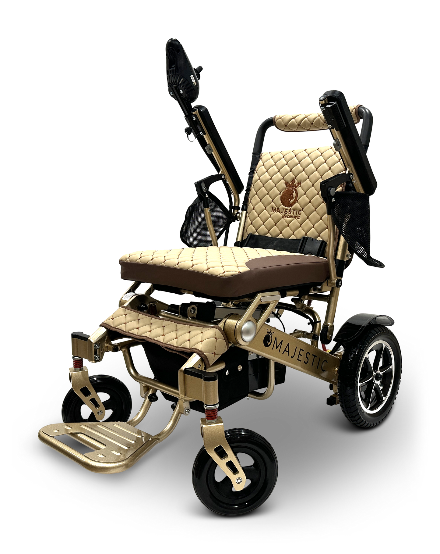 The MAJESTIC IQ-7000 Remote Controlled Electric Wheelchair, adorned in a luxurious gold and black design with quilted upholstery, the Majestic logo, footrest, and adjustable armrests, is elegantly presented against a black background.