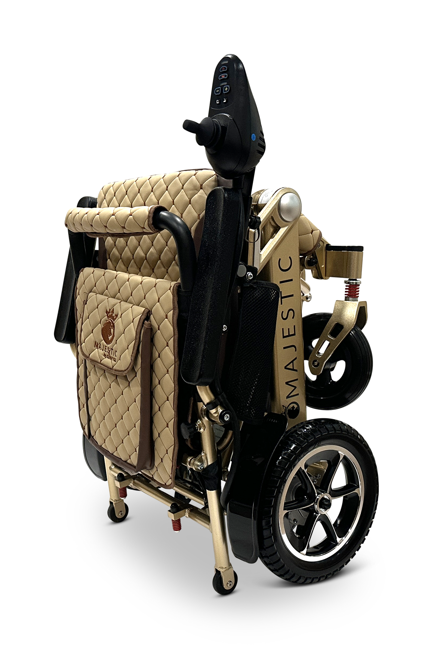 The MAJESTIC IQ-7000 Remote Controlled Electric Wheelchair is a luxurious and lightweight folding model featuring a quilted beige seat and backrest. With joystick control and metallic accents, it effortlessly combines comfort and style for seamless travel.
