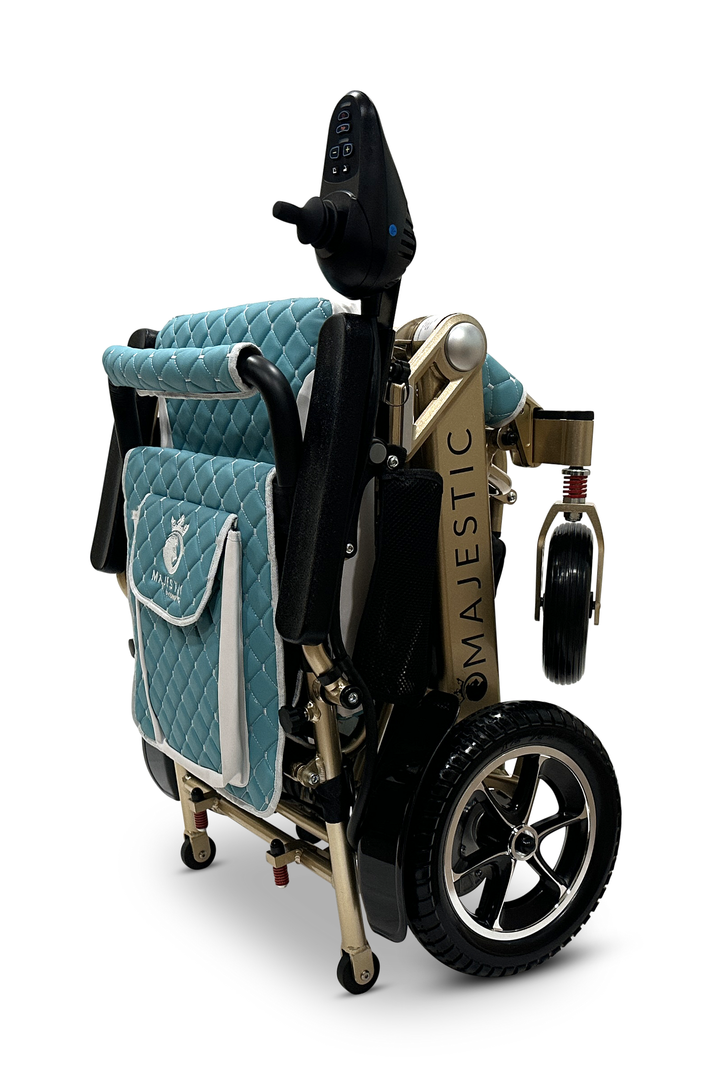 The MAJESTIC IQ-7000 is a blue and gold auto-folding electric wheelchair featuring quilted fabric, a lightweight black frame with silver accents, a 360-degree joystick on the armrest, and a back storage pouch. Its black tires have silver rims.