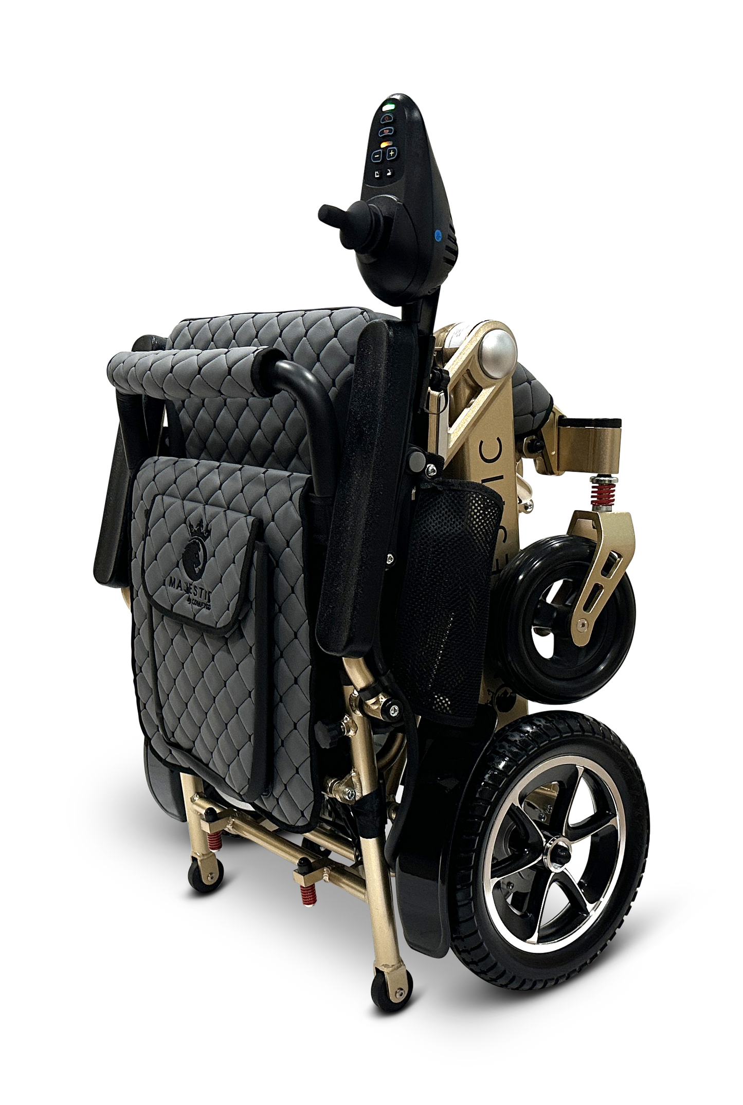 The MAJESTIC IQ-7000 Remote Controlled Electric Wheelchair is a compact, lightweight travel wheelchair featuring a quilted black fabric seat and a gold frame. It includes a 360-degree joystick for seamless control, offering an innovative design that enhances mobility and convenience with its folding electric capabilities.