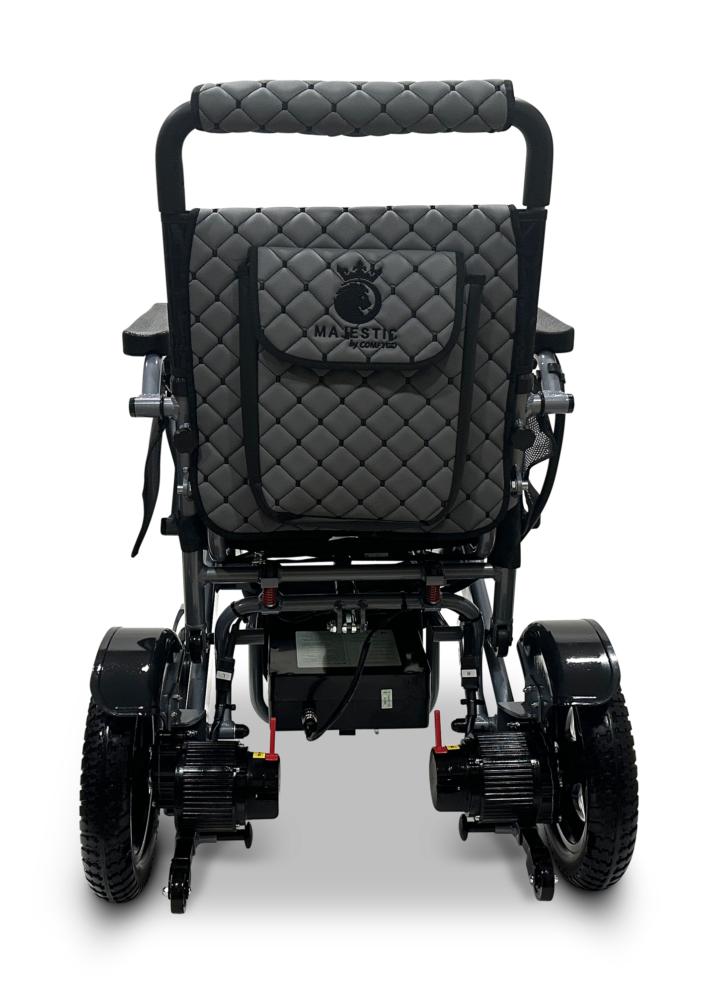 The image shows the back of a MAJESTIC IQ-7000 Remote Controlled Electric Wheelchair with a quilted gray and black design, four wheels, battery compartments, armrests, and a 360-degree joystick for easy navigation.
