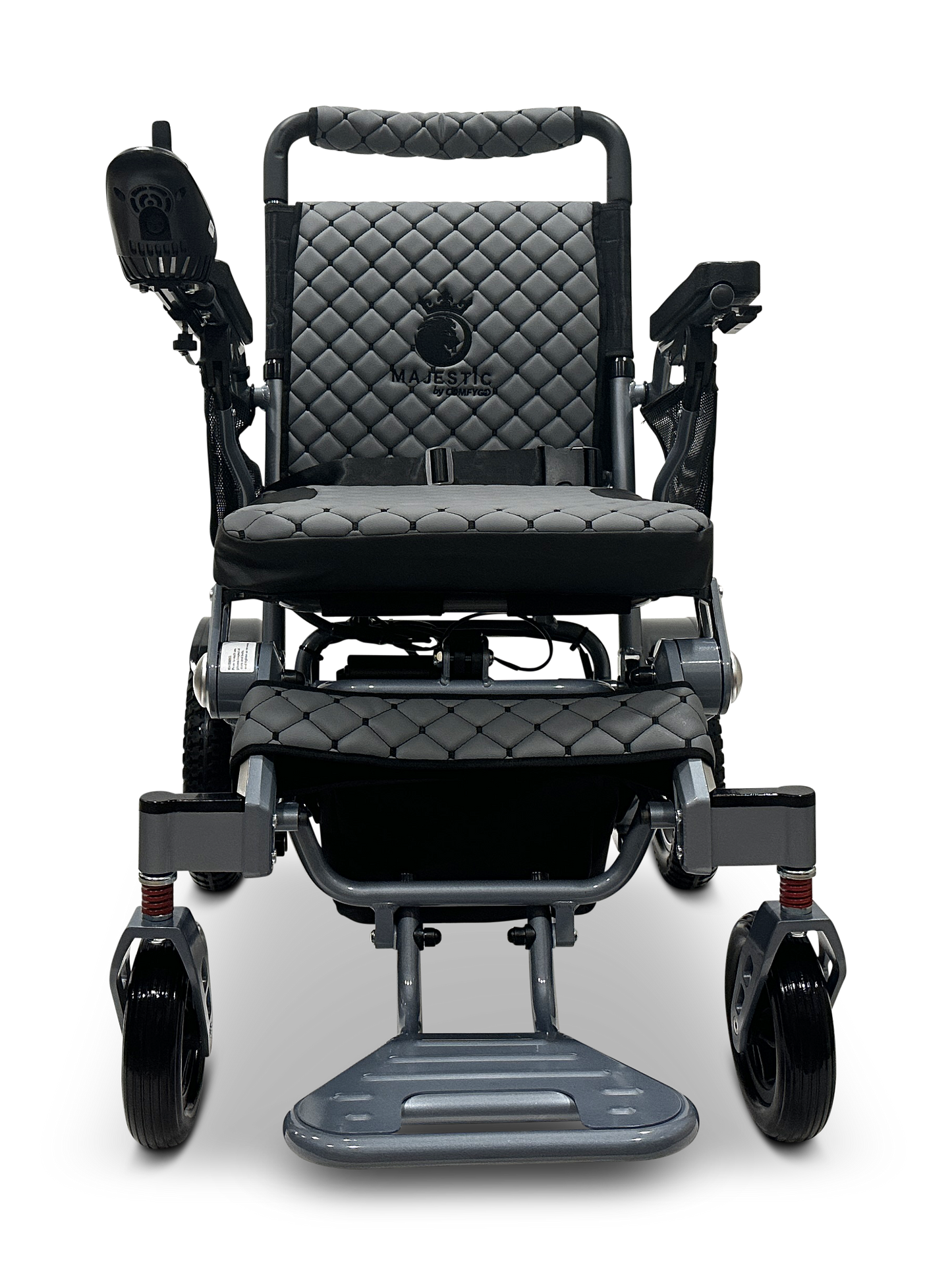 The MAJESTIC IQ-7000 Remote Controlled Electric Wheelchair is sleek and black with diamond-patterned upholstery. It features MAJESTIC branding on the backrest, a 360-degree joystick control on the right armrest, and a sturdy footrest for easy maneuverability.