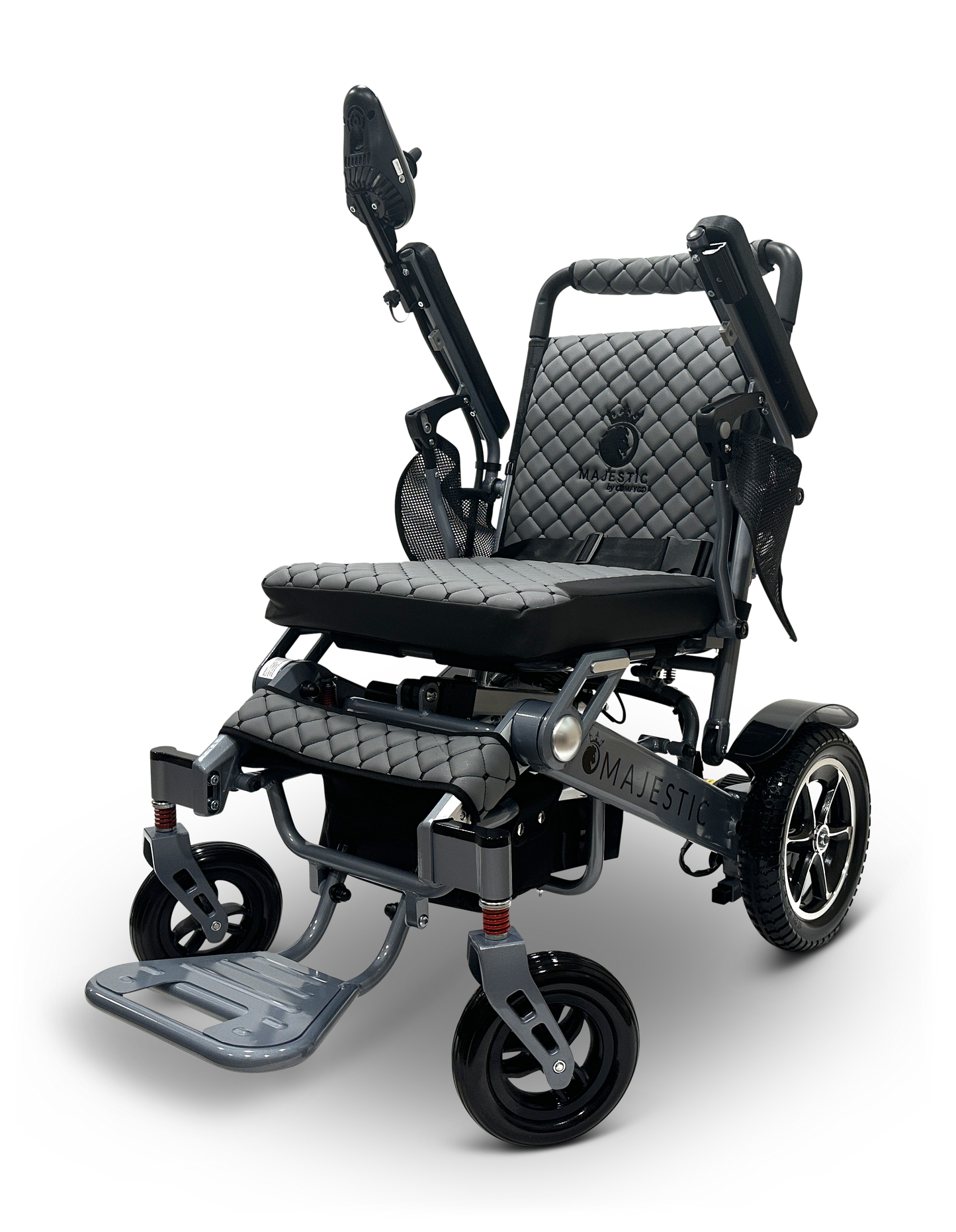 The MAJESTIC IQ-7000 Auto Folding Remote Controlled Electric Wheelchair is a modern black, lightweight mobility aid featuring a quilted seat and backrest, adjustable armrests, a footrest, sturdy wheels, and a 360-degree joystick for seamless control and ultimate comfort.