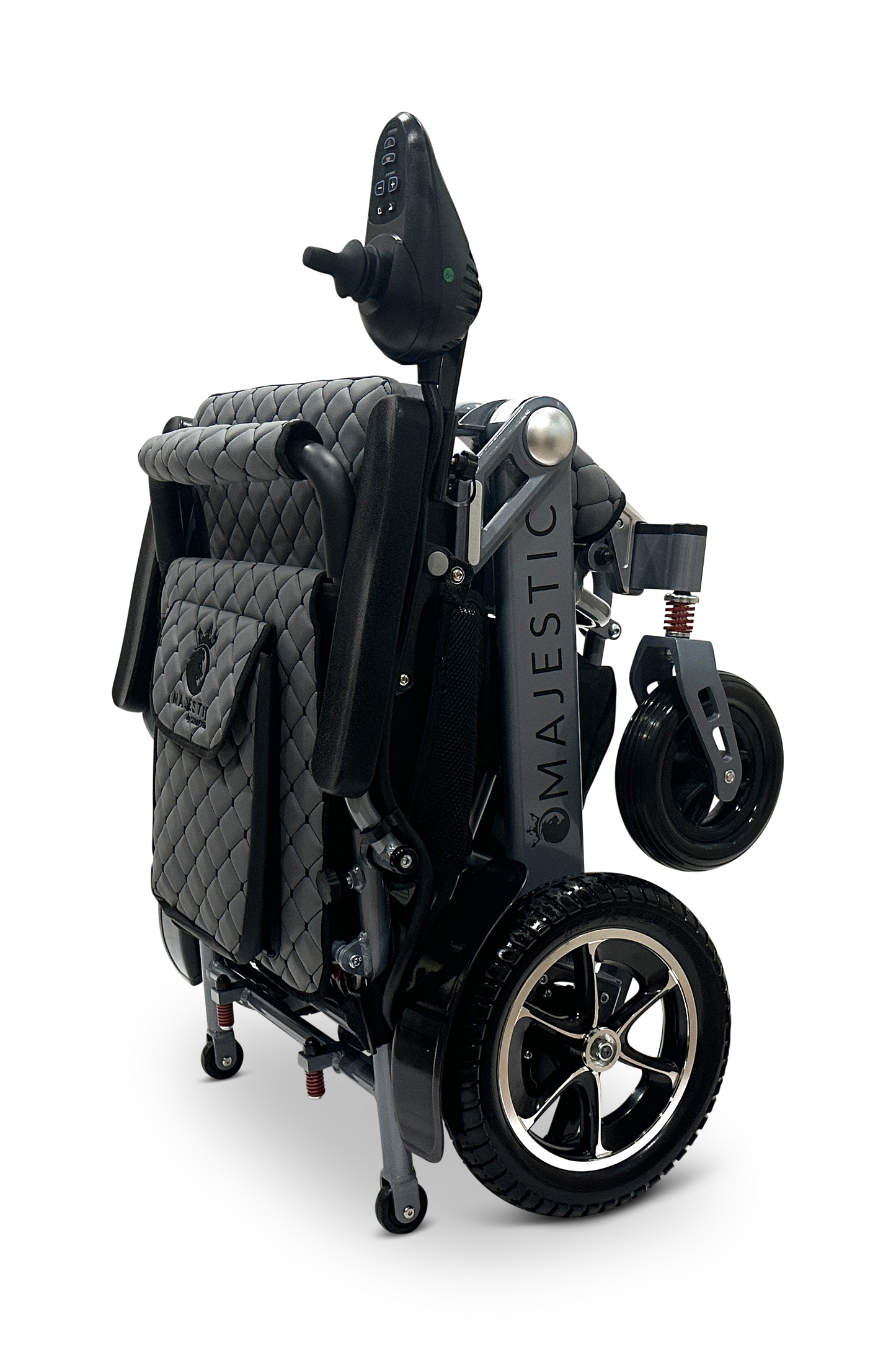 The MAJESTIC IQ-7000 Auto Folding Remote Controlled Electric Wheelchair is a compact, lightweight model with quilted fabric, black accents, a 360-degree joystick control, silver-spoked small front and larger rear wheels, and the Majestic brand elegantly displayed on the frame.