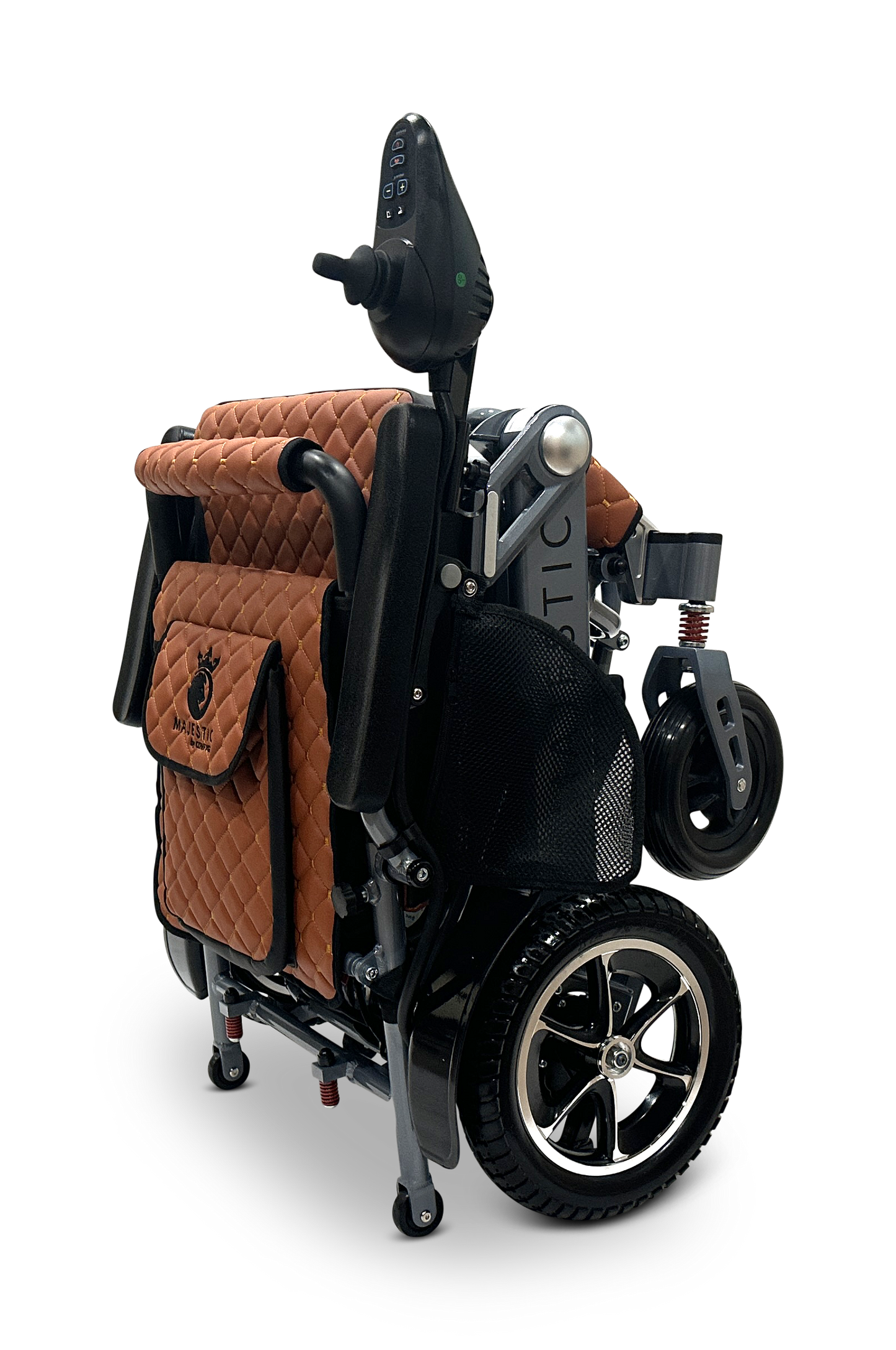 The MAJESTIC IQ-7000 is a folded mobility scooter with brown quilted fabric, a 360-degree joystick, and black wheels. It features a metallic frame with a side storage pocket, delivering a sleek design perfect against the black background.