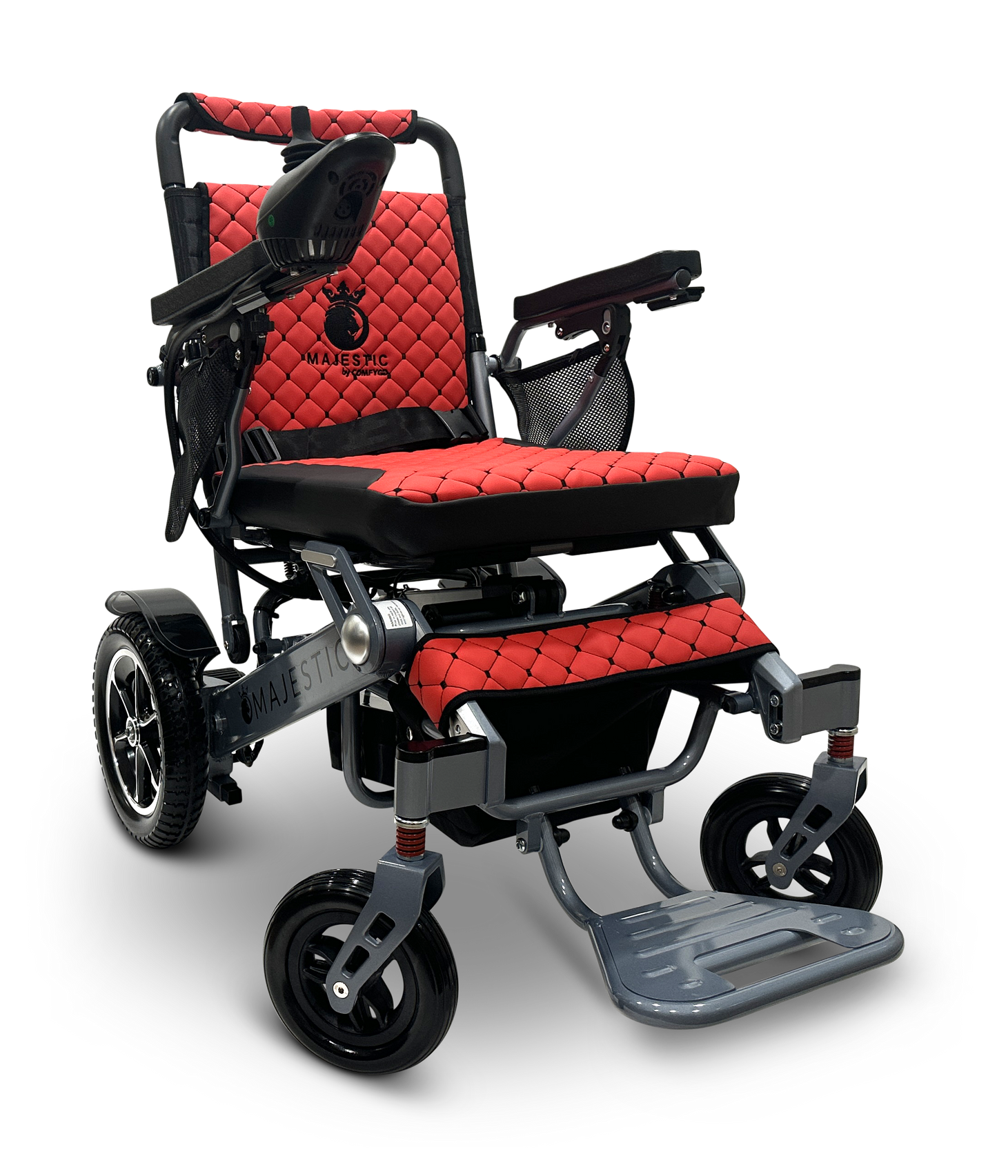 The MAJESTIC IQ-7000 Auto Folding Remote Controlled Electric Wheelchair features a red and black design with a padded seat, backrest, large rear wheels, smaller front ones, a 360-degree joystick on the armrests, and MAJESTIC emblazoned on its diamond-patterned frame.