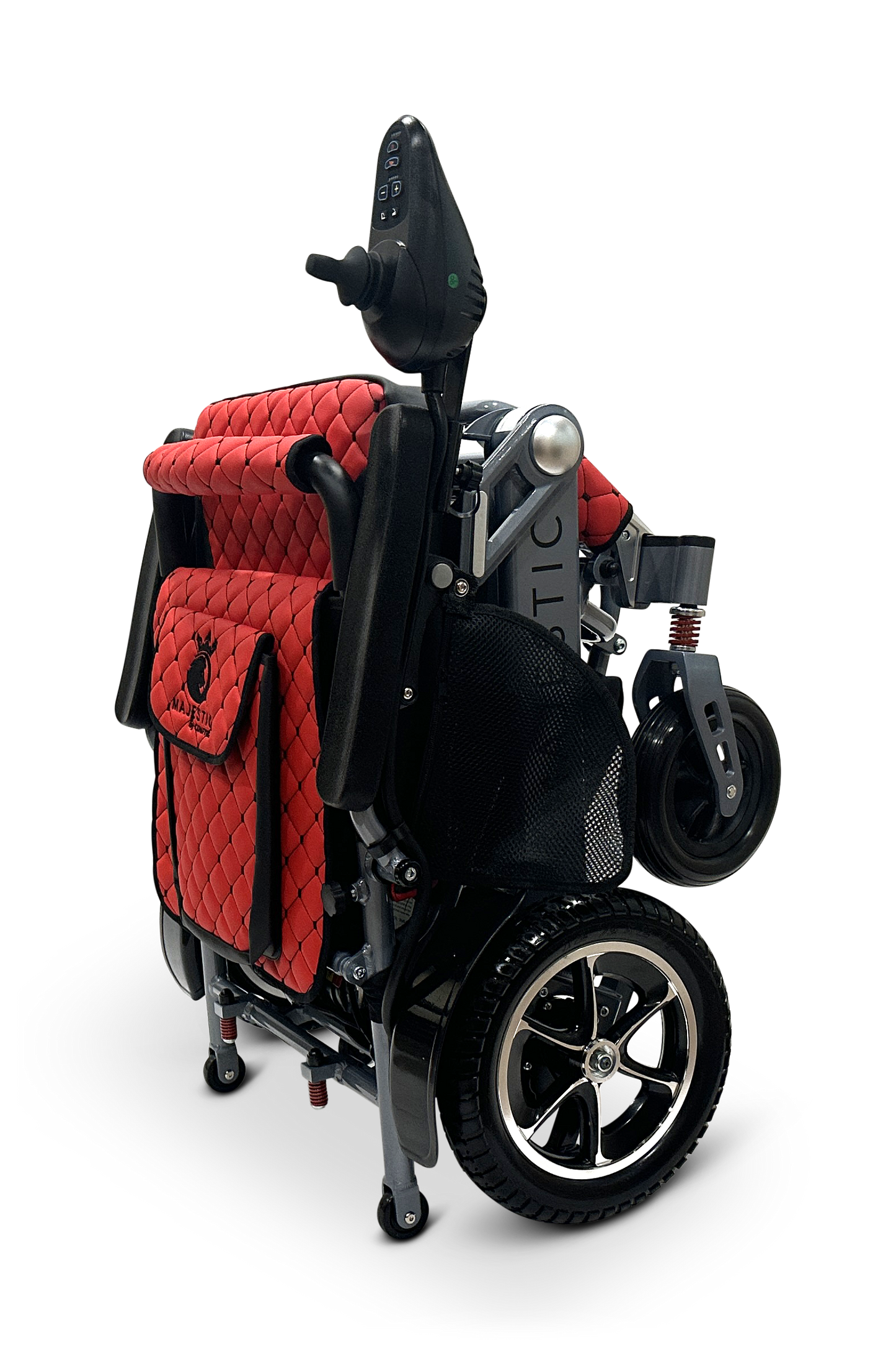 The MAJESTIC IQ-7000 is a compact, auto-folding electric wheelchair in striking red and black with a quilted seat cover. It has a 360-degree joystick on the armrest and sleek metallic wheels that pop against the plain black backdrop, enhancing its elegant design.