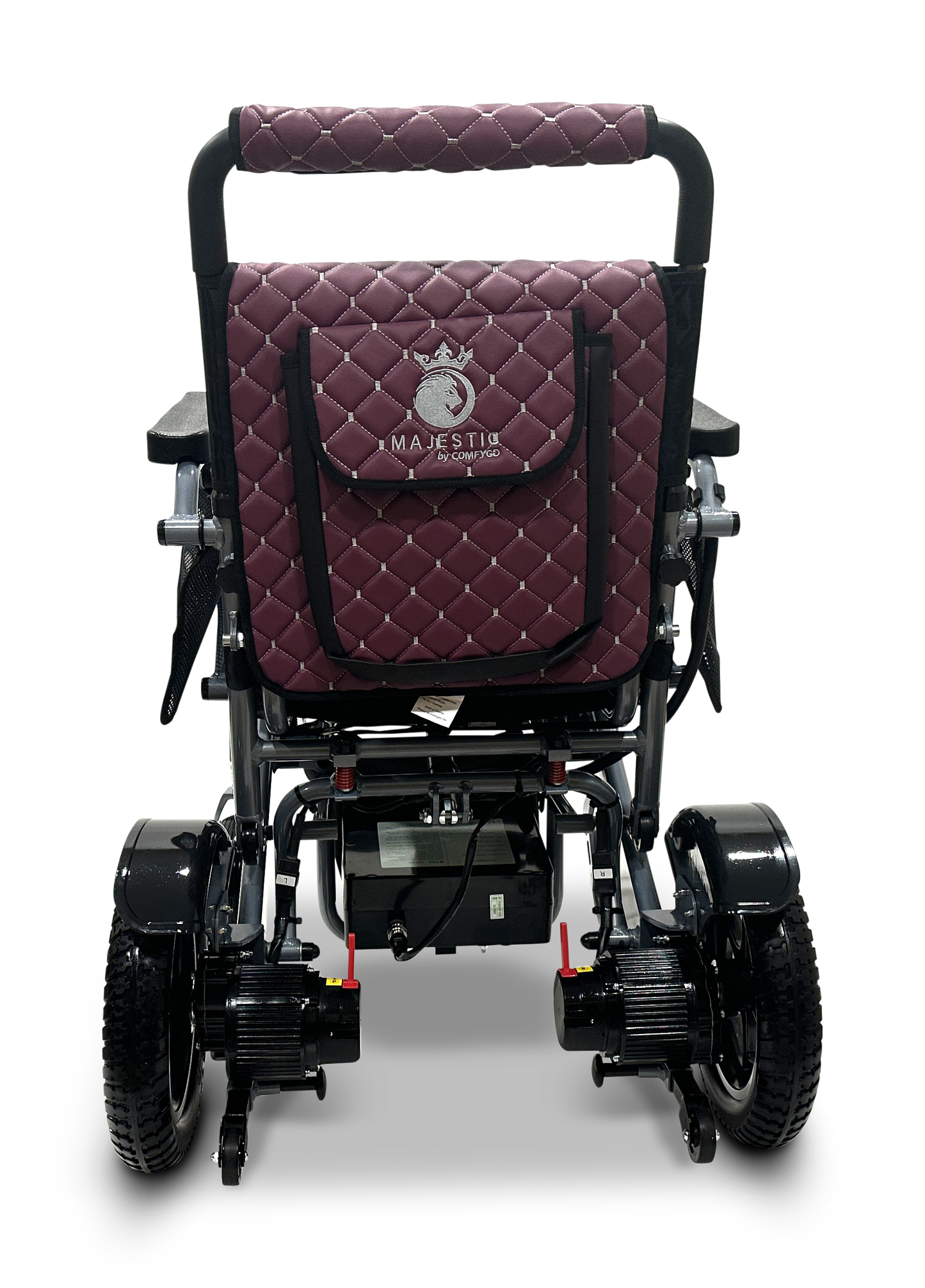 The MAJESTIC IQ-7000 Auto Folding Remote Controlled Electric Wheelchair features a quilted maroon backrest with branding and a horse logo, four black wheels, a visible battery compartment, foldable handles, and a 360-degree joystick for easy navigation.