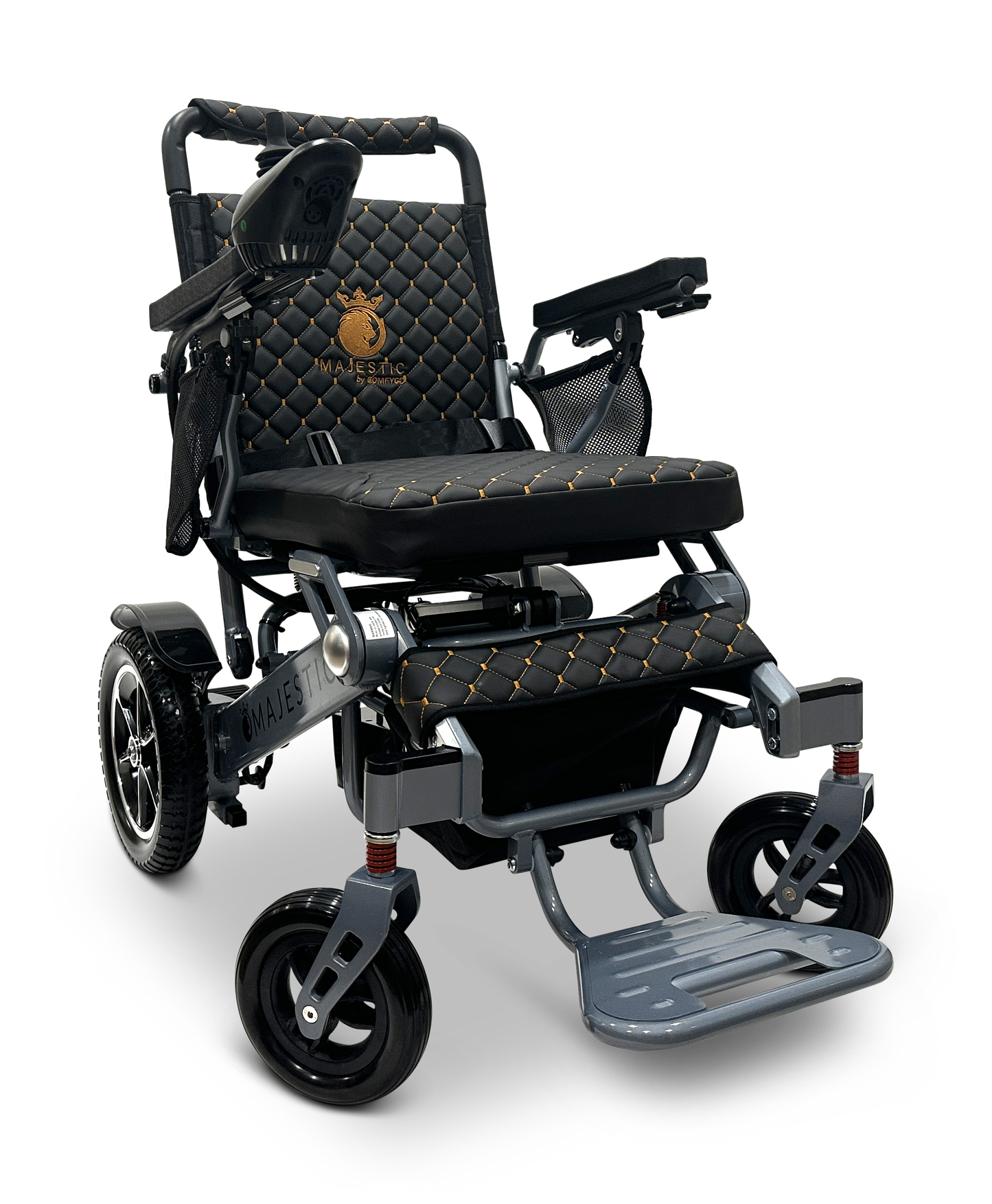 The stylish black and gold MAJESTIC IQ-7000 Auto Folding Remote Controlled Electric Wheelchair features a quilted seat, large rear wheels paired with smaller front ones for smooth navigation, a 360-degree joystick for control, armrests, and a foldable footrest for comfort.