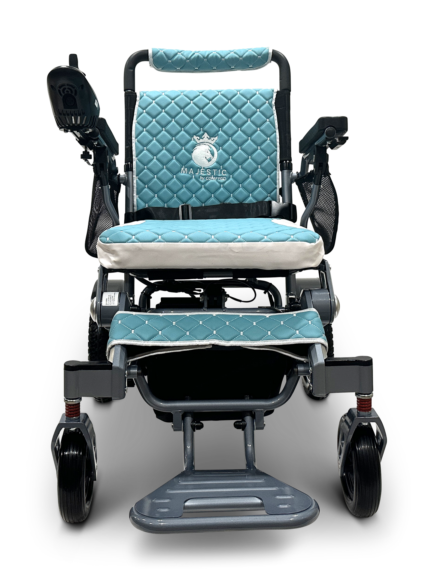 The MAJESTIC IQ-7000 is an auto-folding electric wheelchair in blue, featuring a quilted backrest with the Majestic logo, padded armrests, a 360-degree joystick on the left, and a sturdy metal frame with a footrest.