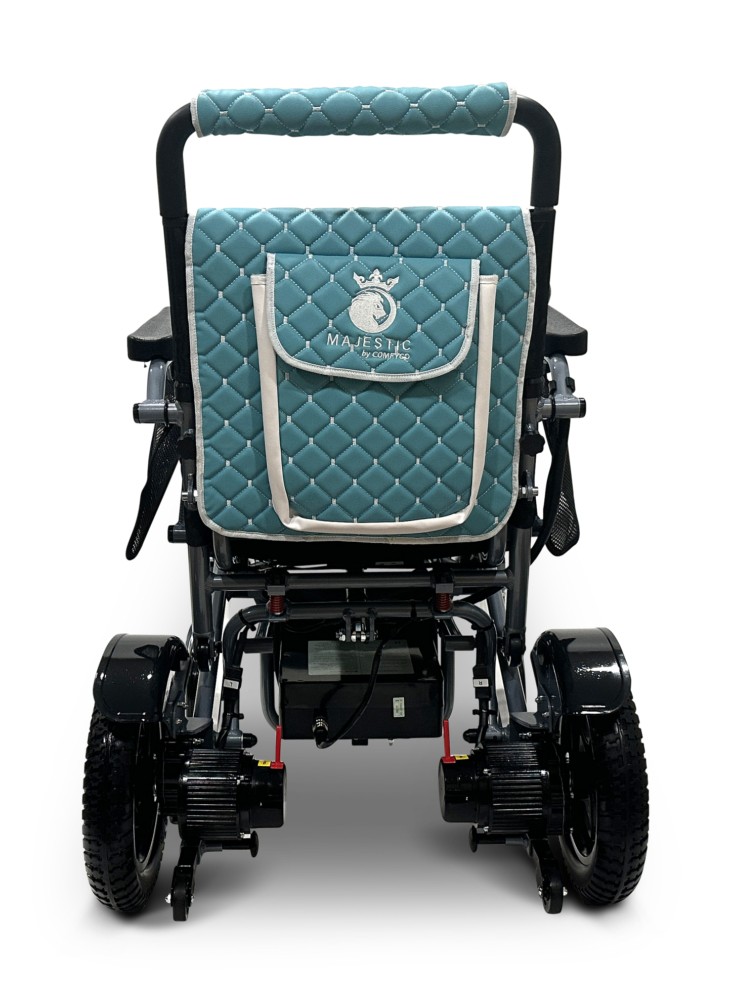 The rear view of the MAJESTIC IQ-7000 reveals a lightweight, auto-folding electric wheelchair with a quilted teal backrest cover. It features white stitching, trim, and a Majestic unicorn logo. A 360-degree joystick enhances its design, while large wheels with thick treads ensure smooth mobility.