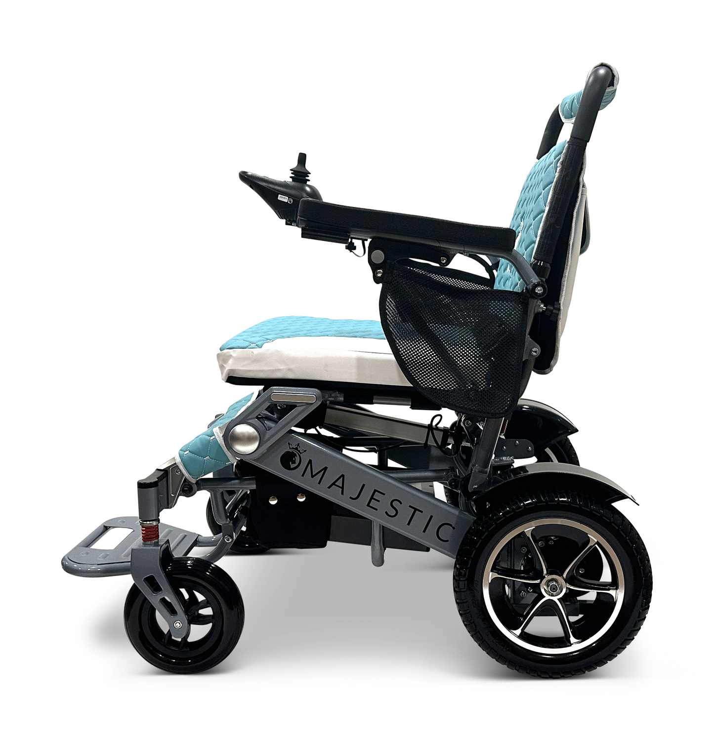 Side view of the MAJESTIC IQ-7000 Auto Folding Remote Controlled Electric Wheelchair with a black frame, teal and gray cushioned seat, 360-degree joystick control on the armrest, side storage pouch, and sturdy black wheels with silver spokes.