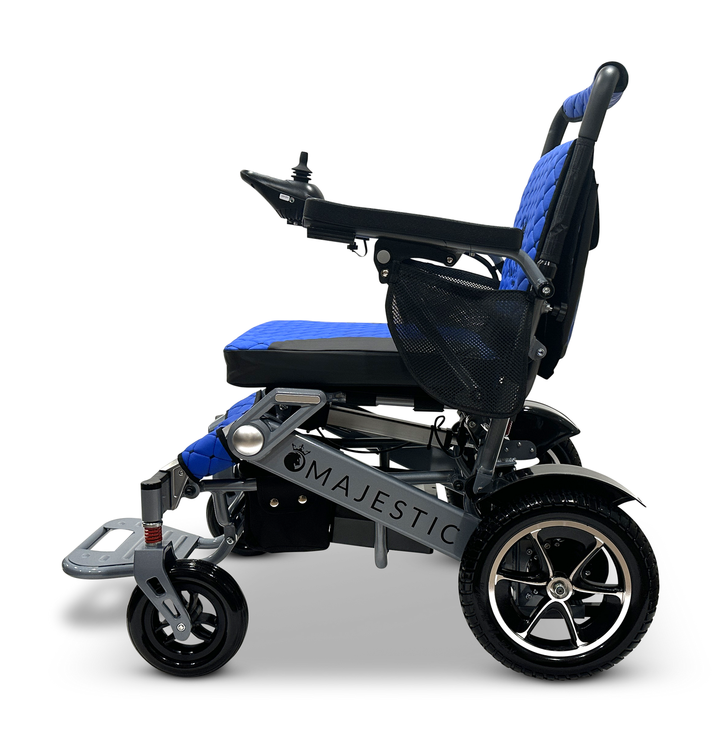 The MAJESTIC IQ-7000 wheelchair, with a side view in blue and black, features a lightweight design with a 360-degree joystick on the right armrest, mesh back, cushioned seat, and two large rear wheels paired with smaller front ones for practicality and style.