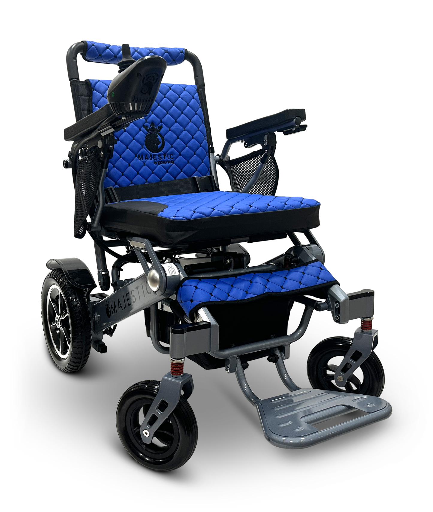 Experience seamless mobility with the MAJESTIC IQ-7000 Remote Controlled Electric Wheelchair, featuring a quilted blue cushion, adjustable armrests, and foldable footrest. It has a sturdy metallic frame, four wheels, and a 360-degree joystick for effortless navigation.