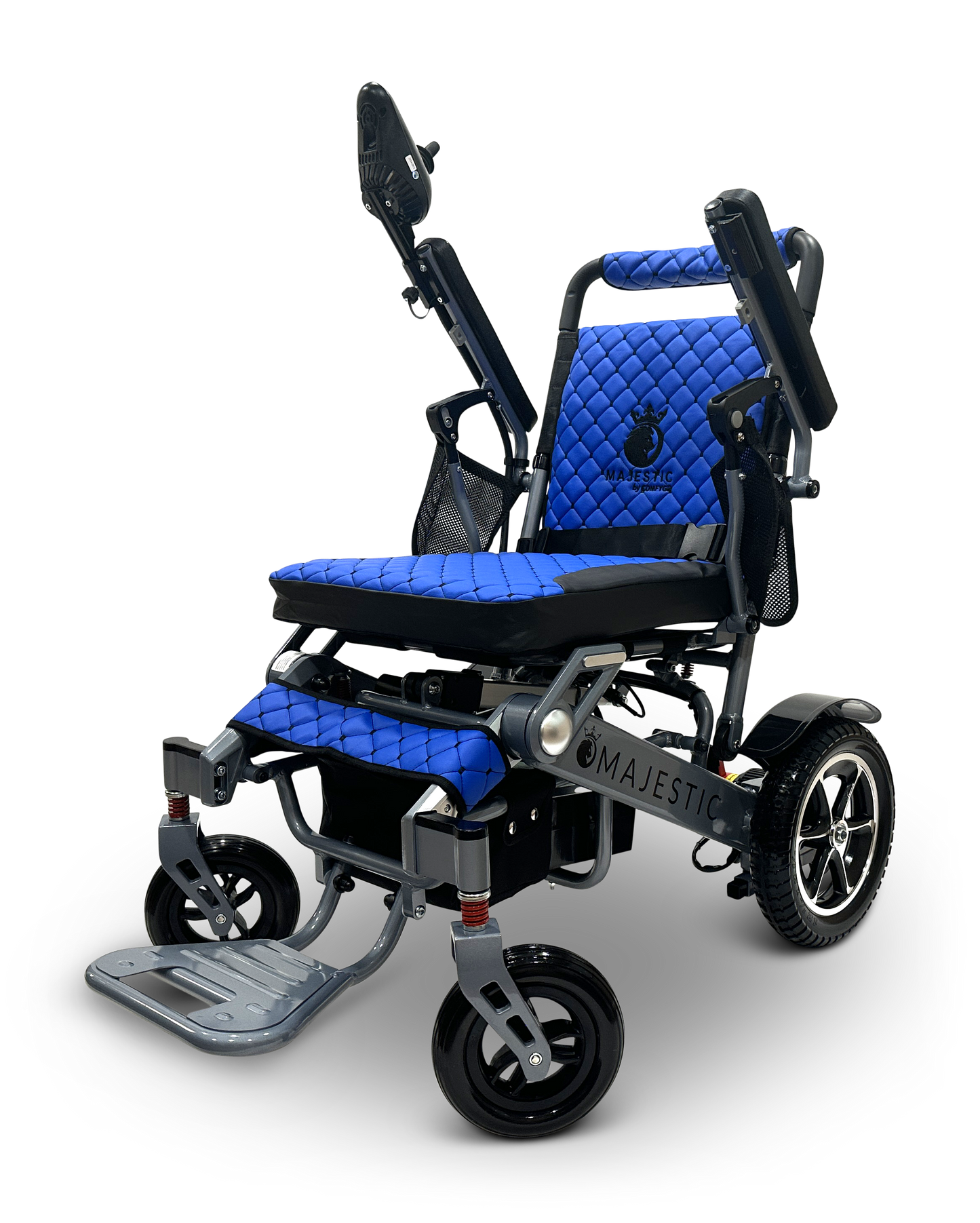 The MAJESTIC IQ-7000 is a blue and black auto-folding electric wheelchair with a quilted design, featuring adjustable armrests, headrest, footrest, 360-degree joystick for enhanced control, and large rear wheels with smaller front wheels for smooth mobility.