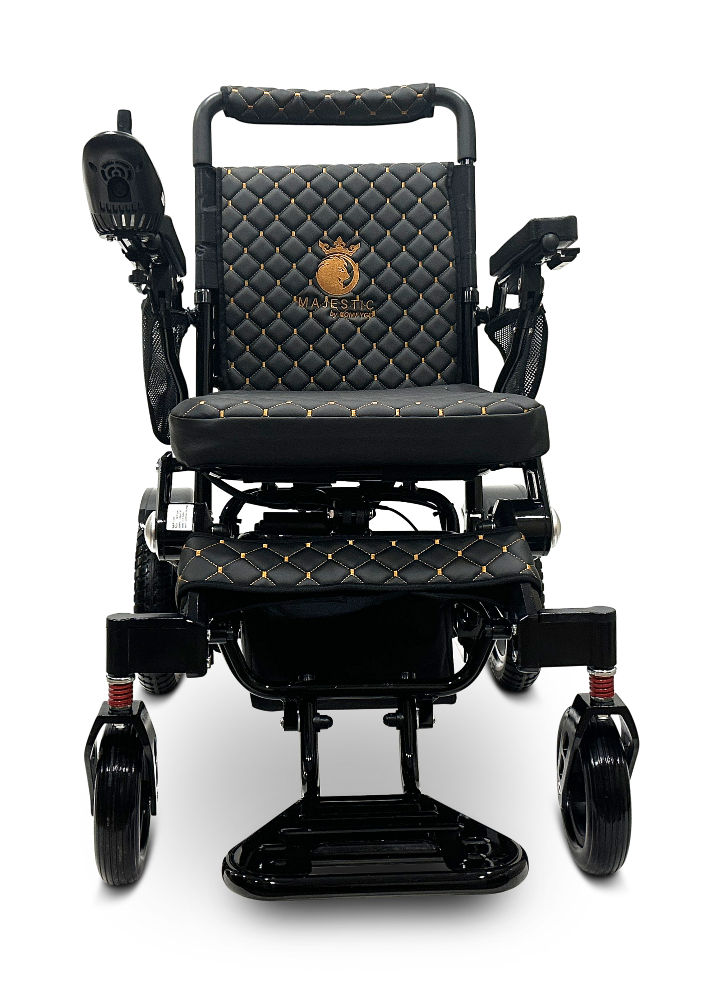 The MAJESTIC IQ-7000 Remote Controlled Electric Wheelchair is a stylish and lightweight model featuring black upholstery with gold stitching and a quilted pattern. It includes auto-folding capabilities, armrests, sleek wheels, and an intelligent joystick positioned on the left side. The backrest is adorned with an emblem that reads "Majestic.