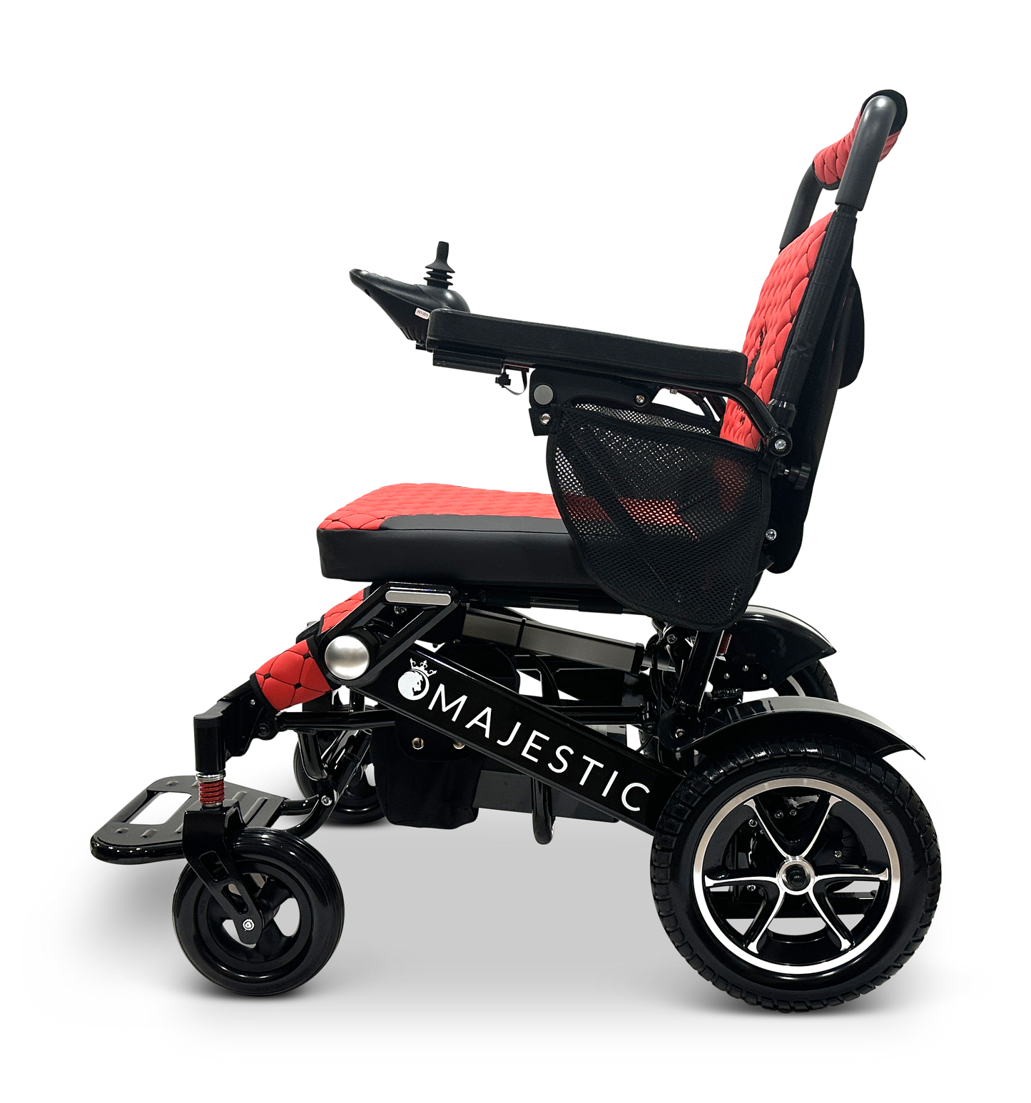 Introducing the MAJESTIC IQ-7000 Remote Controlled Electric Wheelchair: a stylish black and red design featuring a joystick control on the right armrest. This lightweight travel wheelchair highlights a durable frame, cushioned seating, and large rear wheels for enhanced mobility, prominently displaying the Majestic brand name on its side.