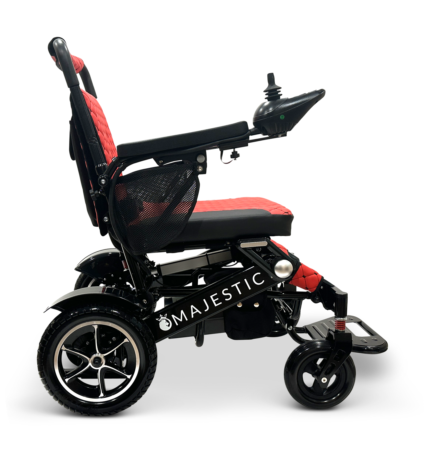 Side view of the MAJESTIC IQ-7000, a black and red lightweight wheelchair featuring an intelligent joystick on the armrest. The sleek Majestic frame highlights large rear wheels and showcases its auto-folding electric capabilities, ensuring seamless and efficient mobility.