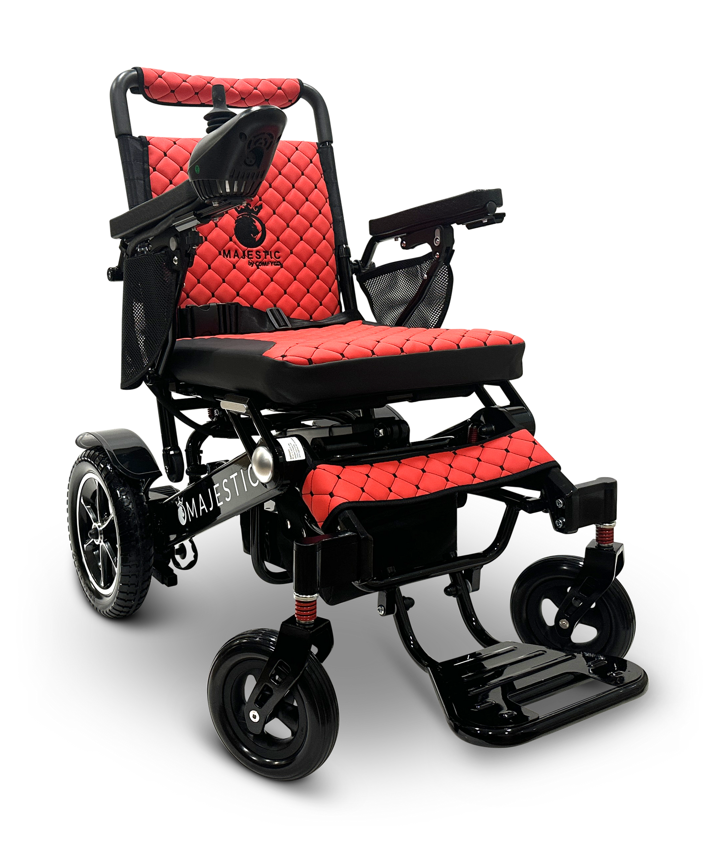 The MAJESTIC IQ-7000 Remote Controlled Electric Wheelchair showcases a quilted red and black seat design, with folding armrests and footrest. It includes a right-side joystick control and features a robust black frame proudly displaying the Majestic branding, offering the perfect blend of style and practicality.