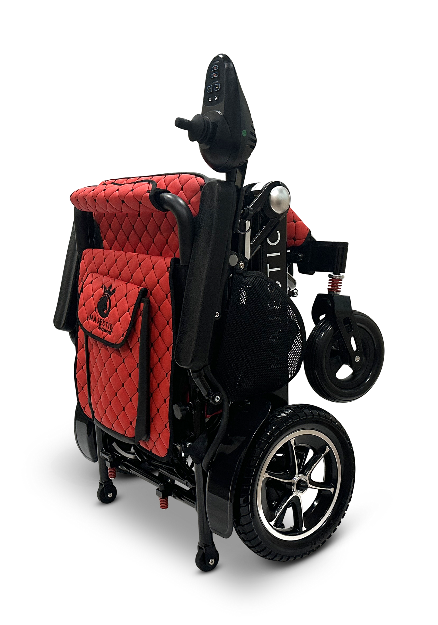 Introducing the MAJESTIC IQ-7000 Remote Controlled Electric Wheelchair: a compact, folding electric wheelchair with a stylish quilted red seat cover and sleek black frame. This lightweight model boasts a joystick controller conveniently located on the right armrest and is equipped with small front wheels for enhanced mobility.