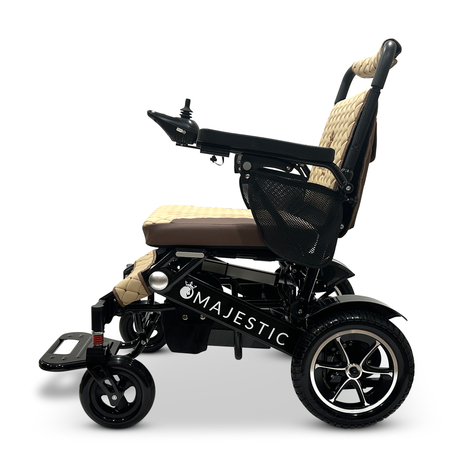 Side view of a beige and black MAJESTIC IQ-7000 Remote Controlled Electric Wheelchair, featuring a cushioned seat, a joystick for control, and rugged wheels designed for comfort and mobility. This lightweight wheelchair offers exceptional convenience without compromising durability.