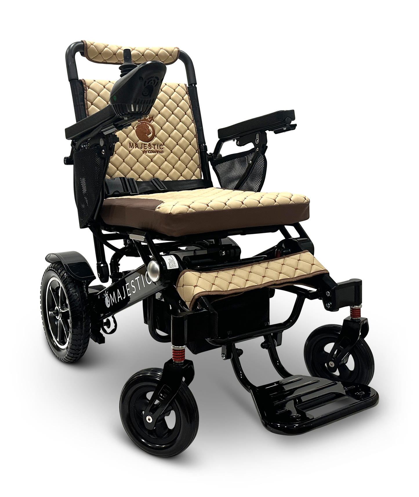 The MAJESTIC IQ-7000 Remote Controlled Electric Wheelchair features stylish beige quilted cushions, a sleek black frame, and comfortable armrests. Engineered for convenience, it includes rear wheels for effortless navigation and a lightweight build that suits those who are always on the move.