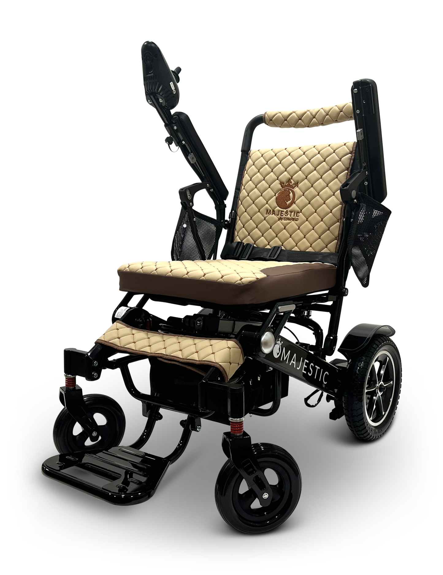 The MAJESTIC IQ-7000 Auto Folding Remote Controlled Electric Wheelchair boasts a black frame and wheels, adorned with beige quilted cushioning and an intelligent joystick. It features a logo on the backrest, along with armrests and a footrest, ensuring both comfort and mobility.