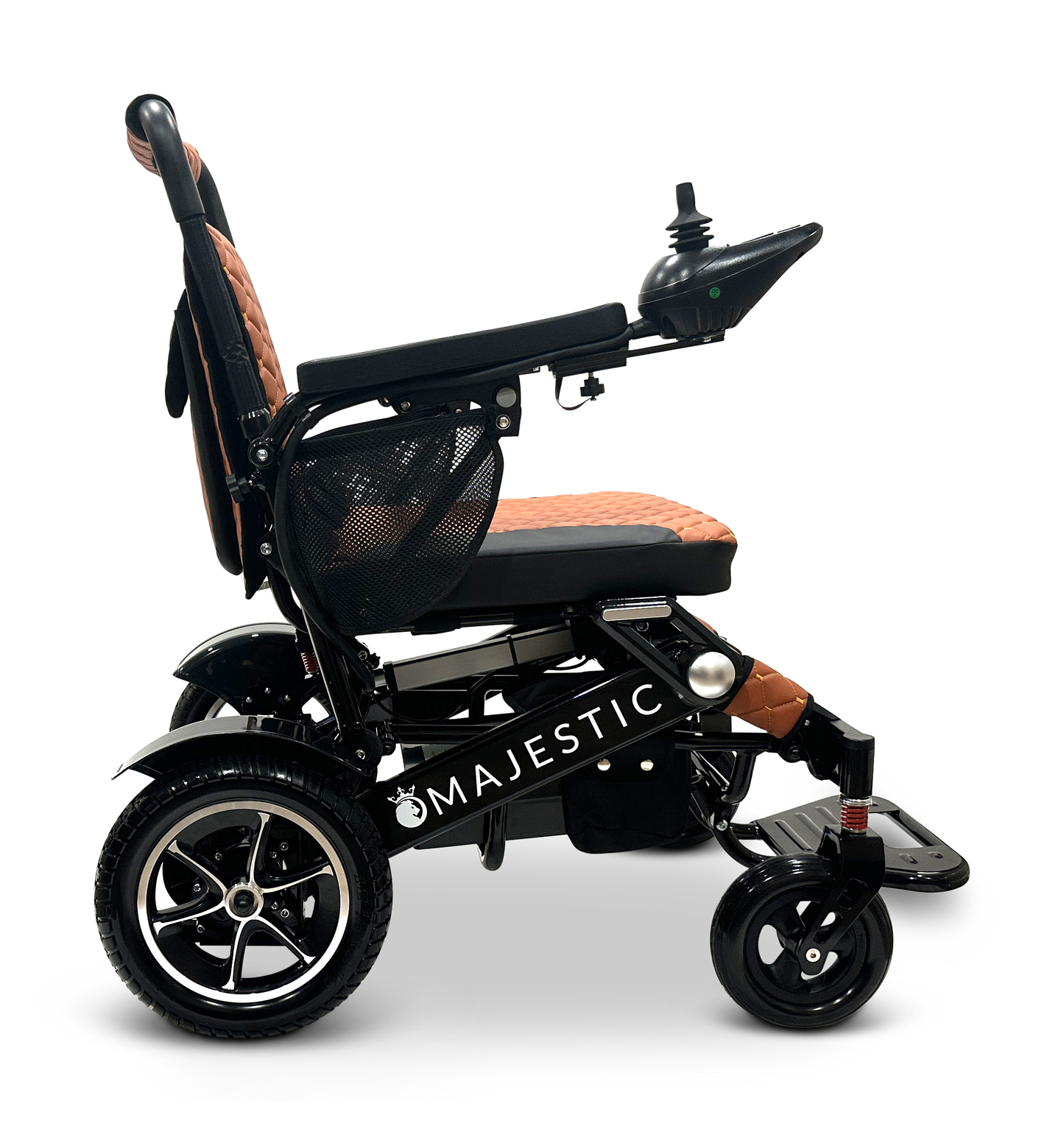A side view of the MAJESTIC IQ-7000 Remote Controlled Electric Wheelchair showcases its sleek black design with a brown cushioned seat and backrest. The wheelchair features large rear wheels, smaller front wheels, a joystick control panel, and prominently displays the Majestic brand name on the frame.