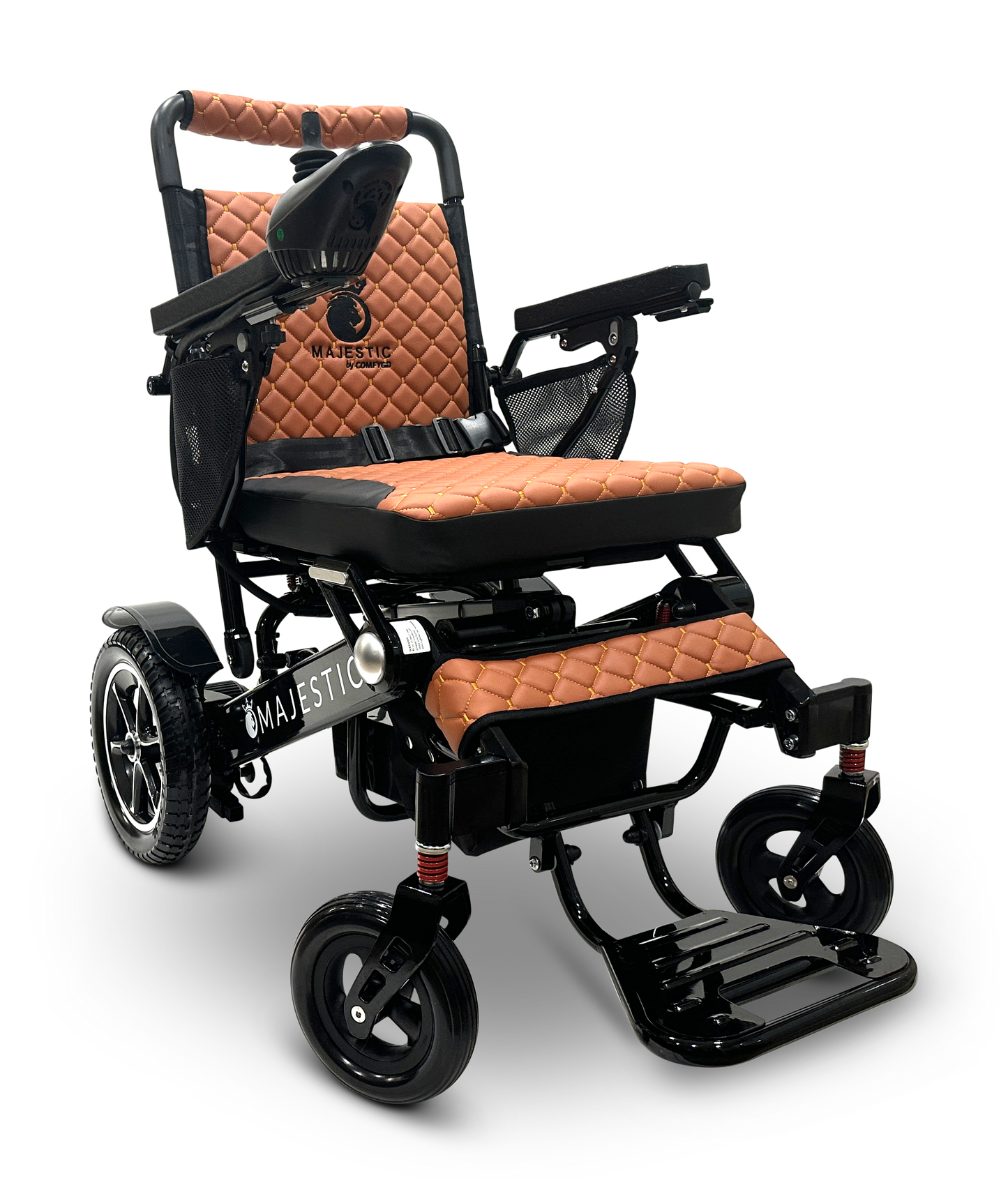 Introducing the MAJESTIC IQ-7000 Remote Controlled Electric Wheelchair, featuring a sleek, modern design with a lightweight black frame and elegant brown quilted upholstery. It boasts large rear wheels, smaller front wheels, comfortable armrests, and an intelligent joystick for effortless navigation. The word "Majestic" is prominently displayed on the front frame.