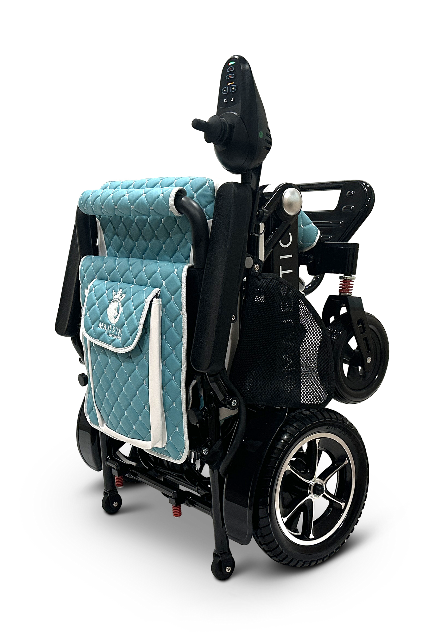 The MAJESTIC IQ-7000 Remote Controlled Electric Wheelchair is a blue and black model with a quilted seat cover and a small storage pouch on the back. This lightweight wheelchair features large wheels and a compact design, ensuring easy navigation.