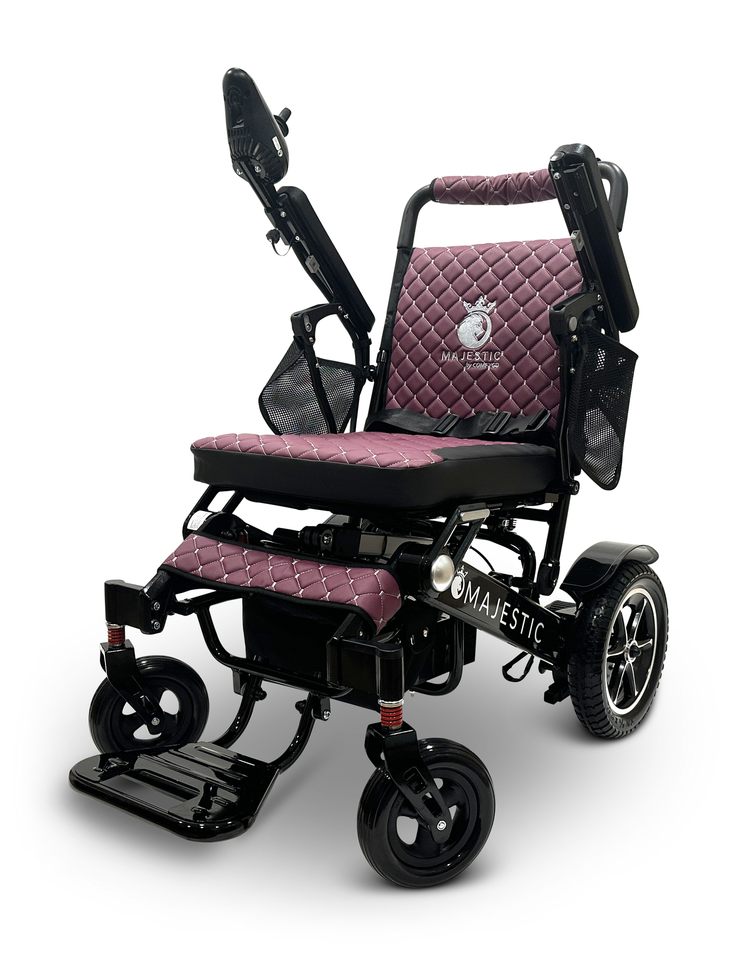 The MAJESTIC IQ-7000 Remote Controlled Electric Wheelchair in black and purple features a quilted seat and backrest. This lightweight marvel comes equipped with adjustable armrests, a footrest, and an intelligent joystick for effortless maneuverability with every turn.