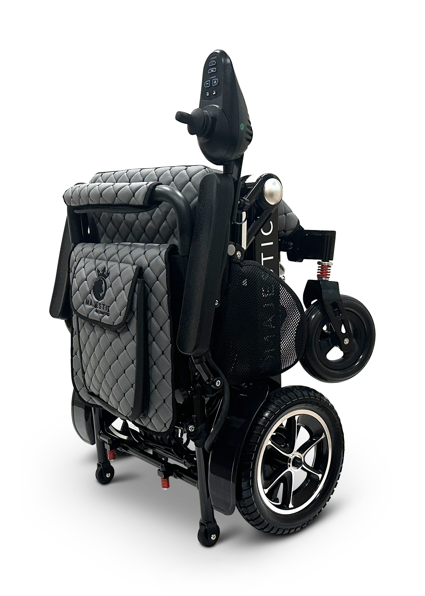 MAJESTIC IQ-7000 Remote Controlled Electric Wheelchair, featuring a quilted design with folded black and gray elements, small rear wheels, and a control panel, set against a plain black background.